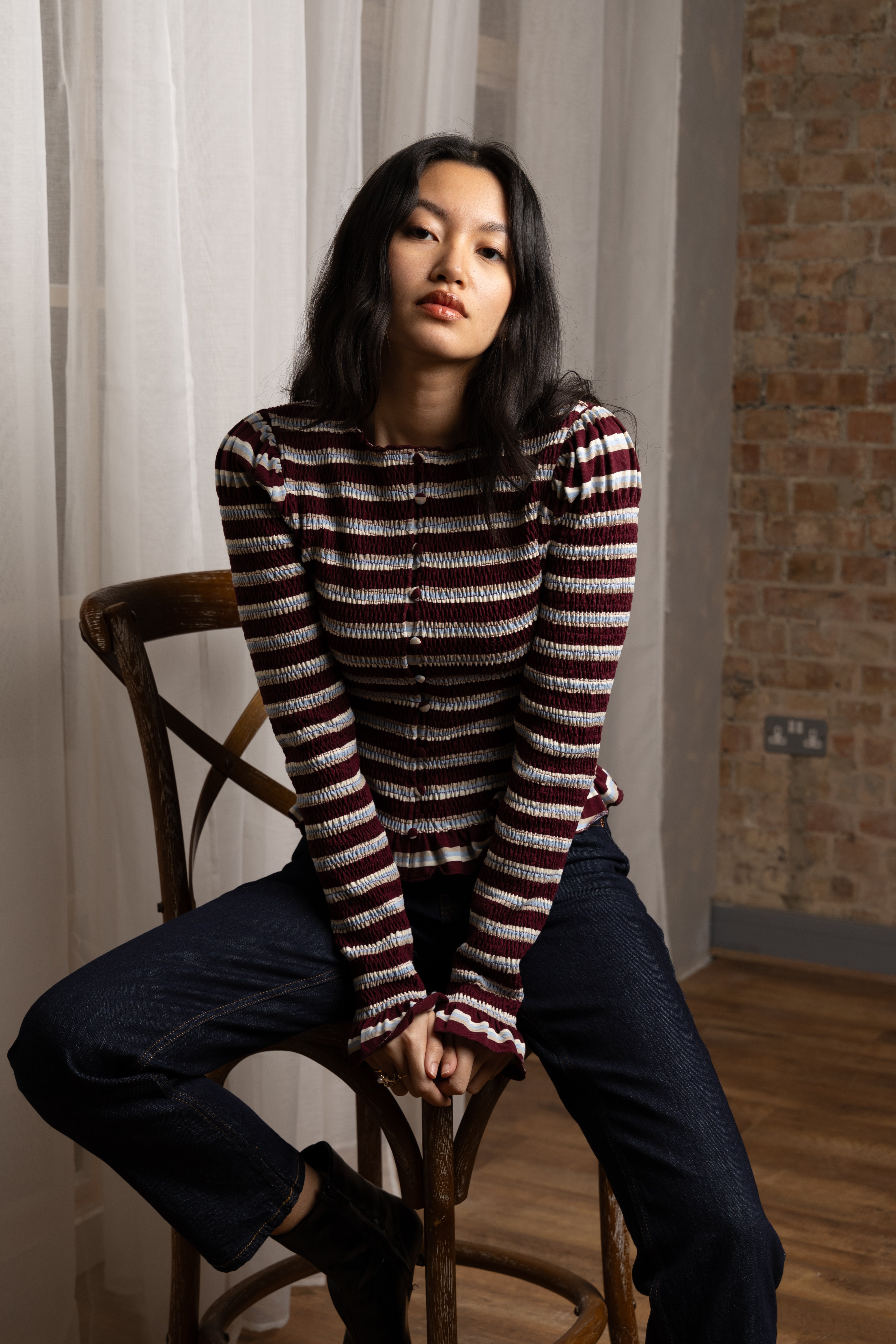 Agyness Smocked Viscose Cotton Jersey Knitted Stripe Cardigan