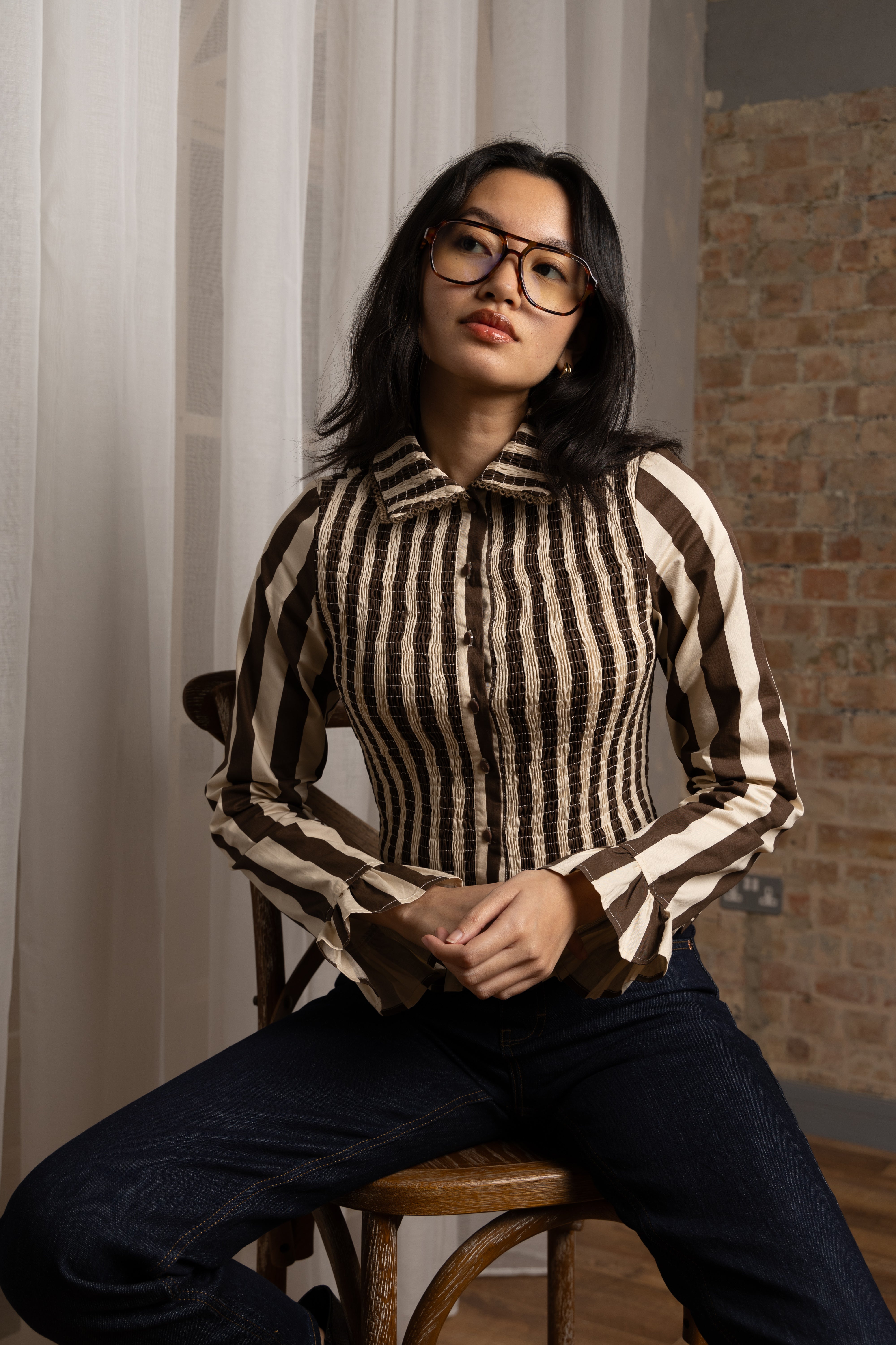 Yasmine Cotton Brown Stripe Smocked Shirt