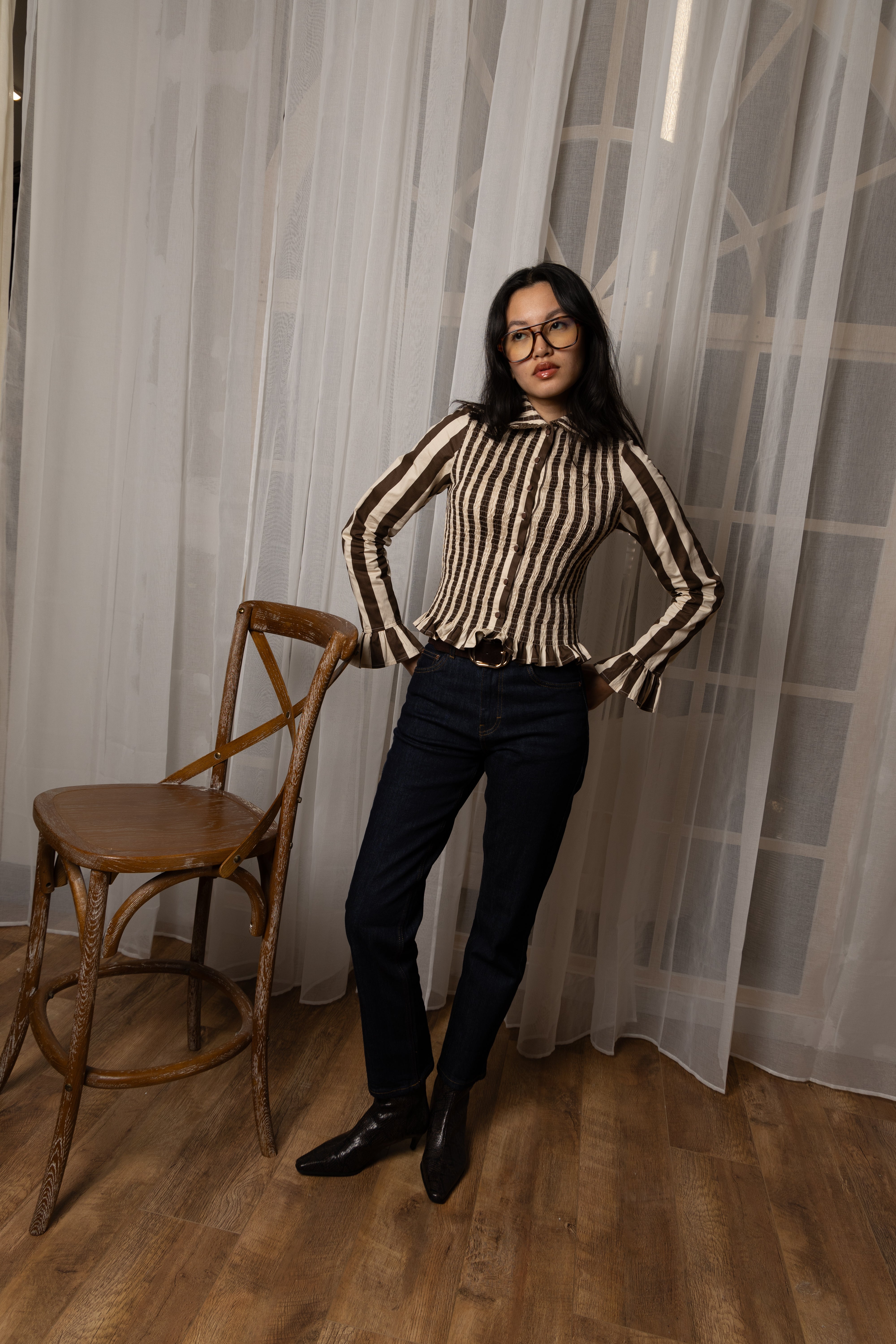 Yasmine Cotton Brown Stripe Smocked Shirt