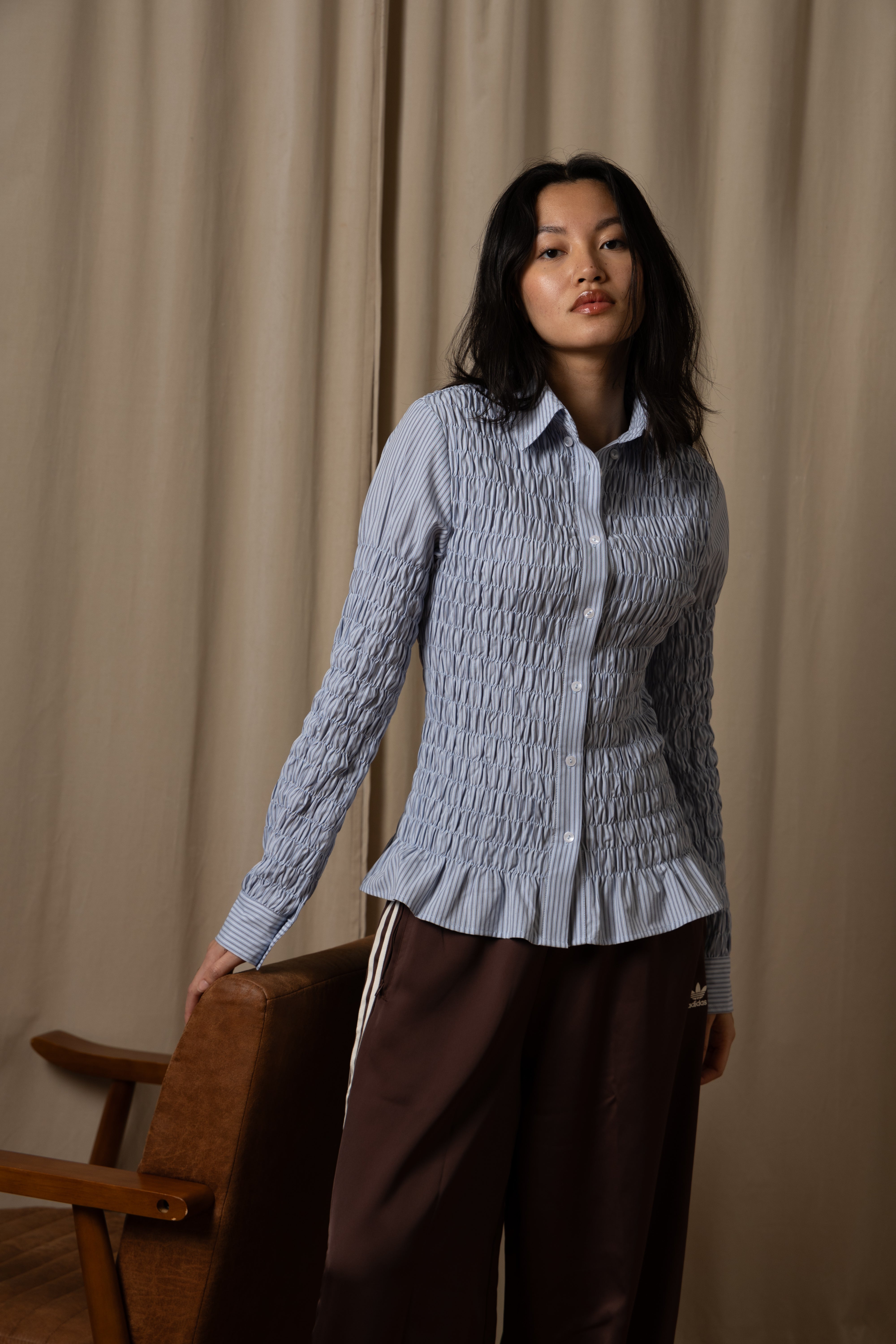 Olivia Smocked Cotton Shirt in Blue Stripe