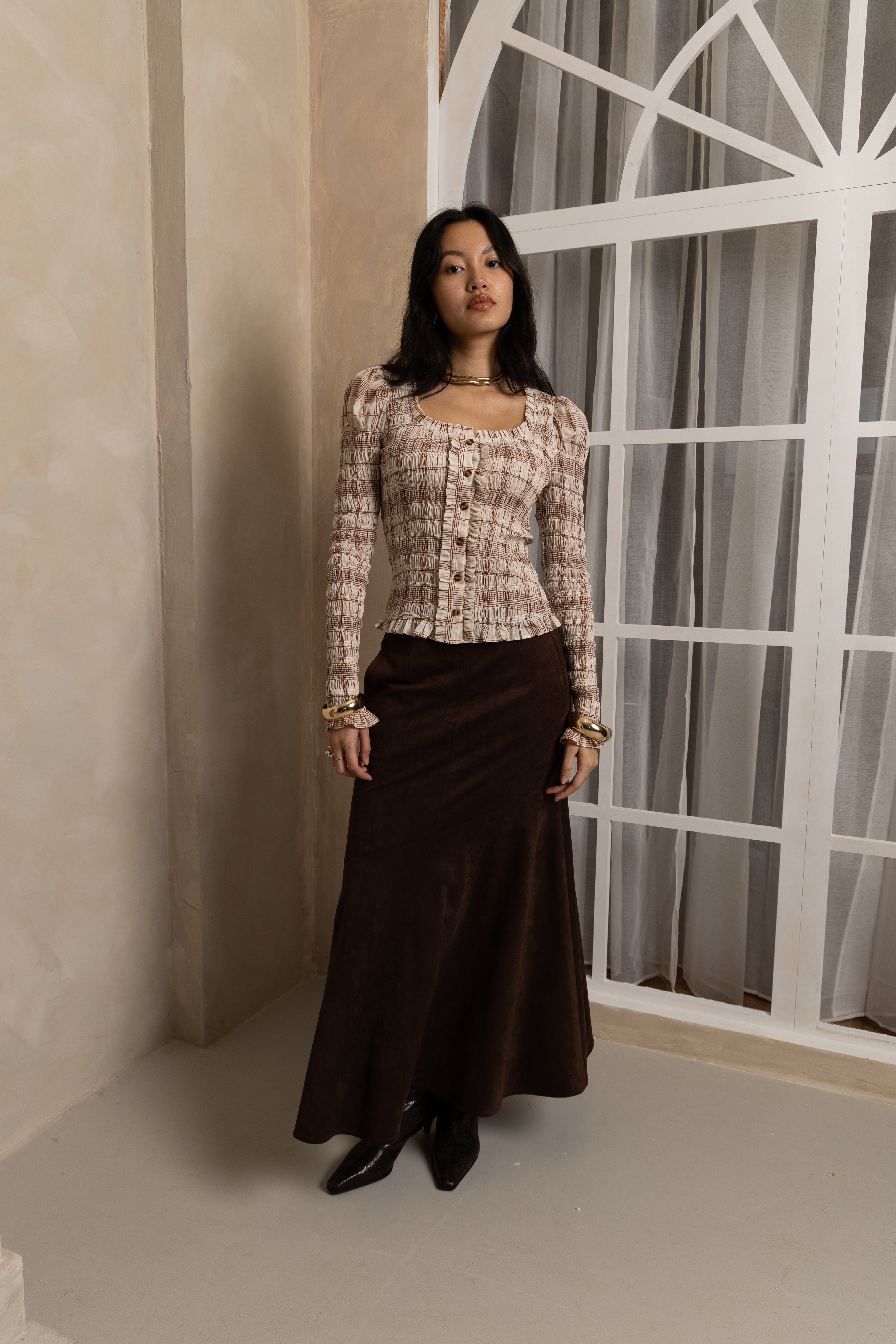 Maisie Smocked Cotton Blouse in Windowpane Check