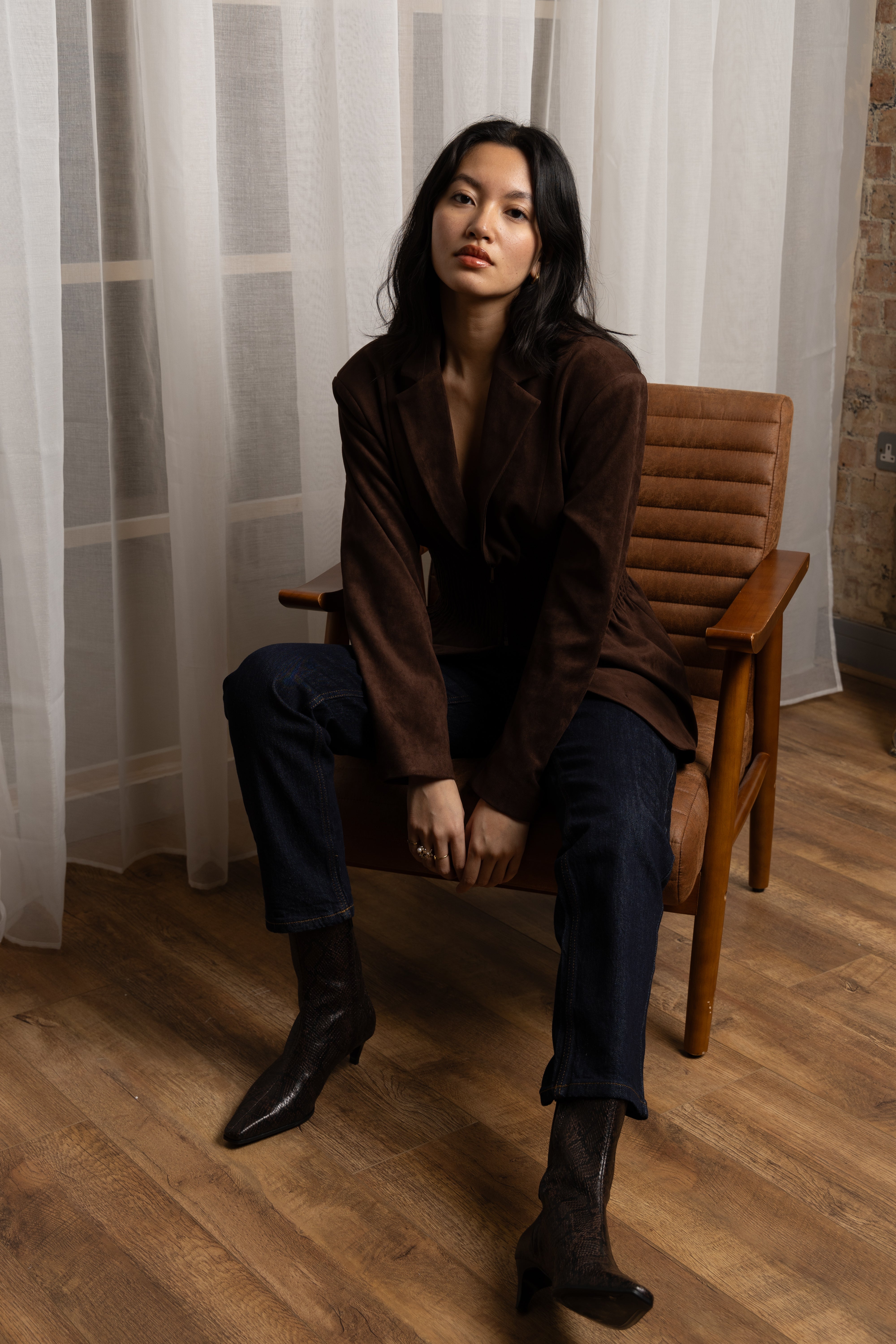 Rina Faux Suede Boxy Blazer Jacket with Smocked Waist