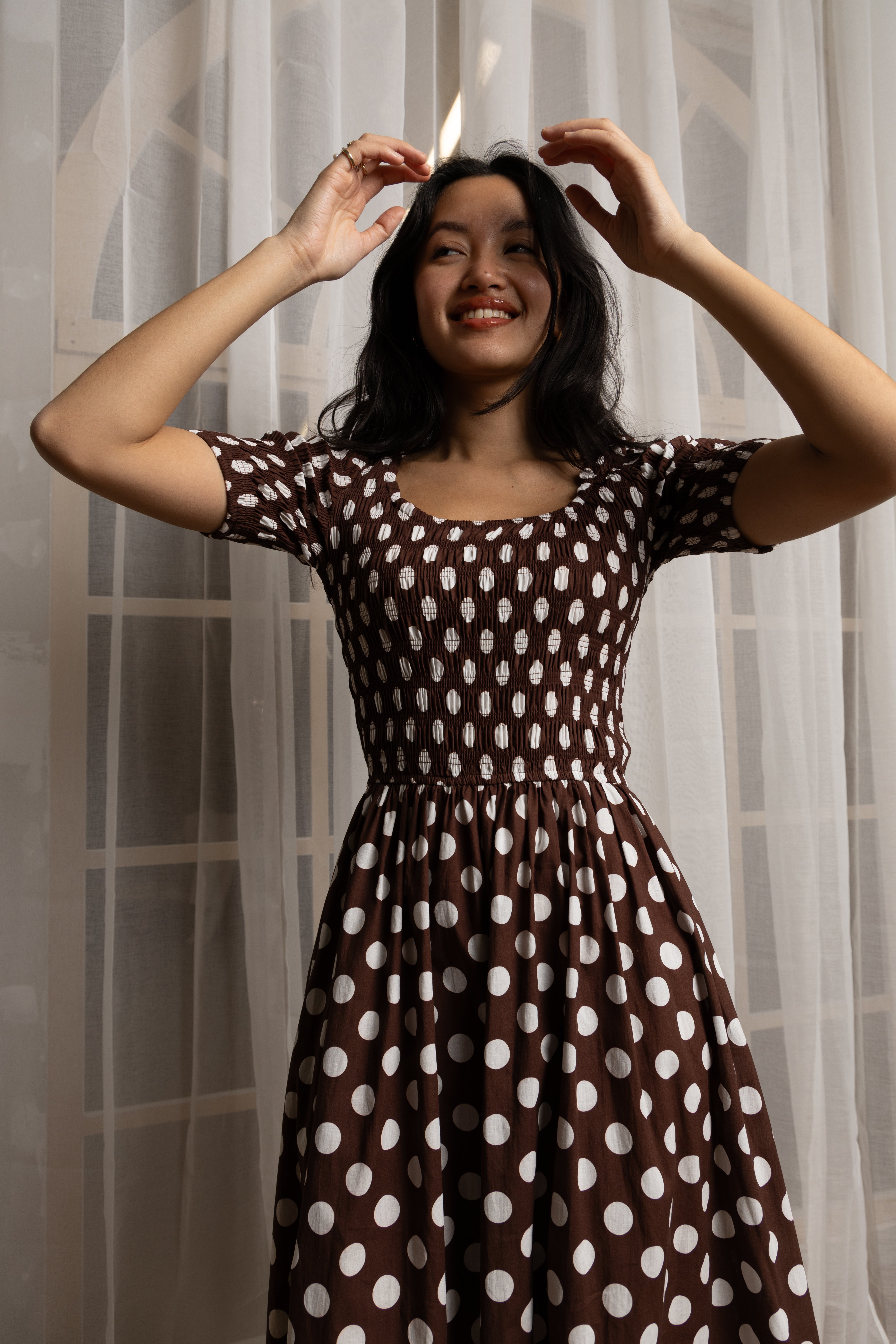 Matilda Pure Cotton Brown Polka Dot Midi Dress