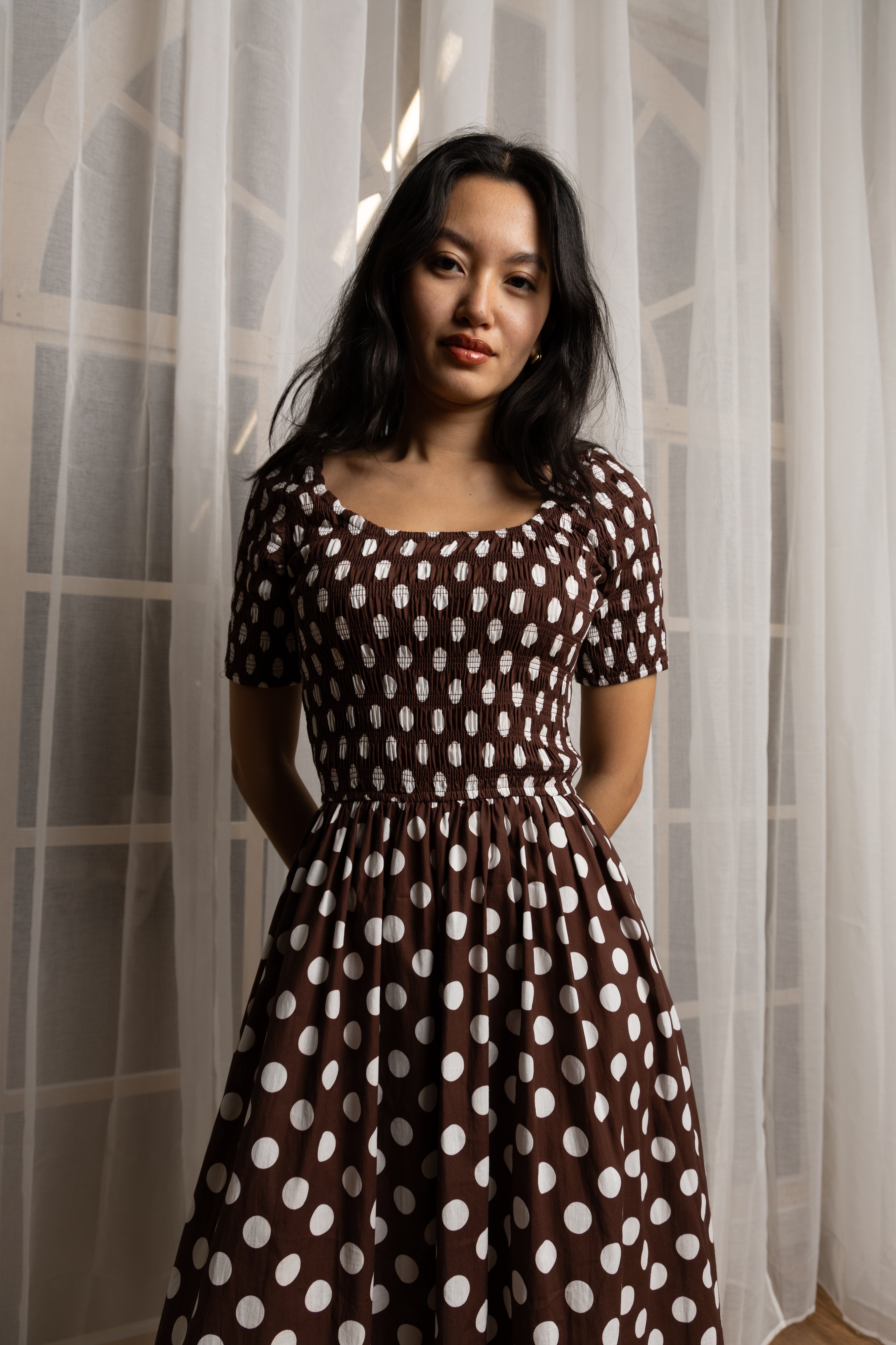 Matilda Pure Cotton Brown Polka Dot Midi Dress