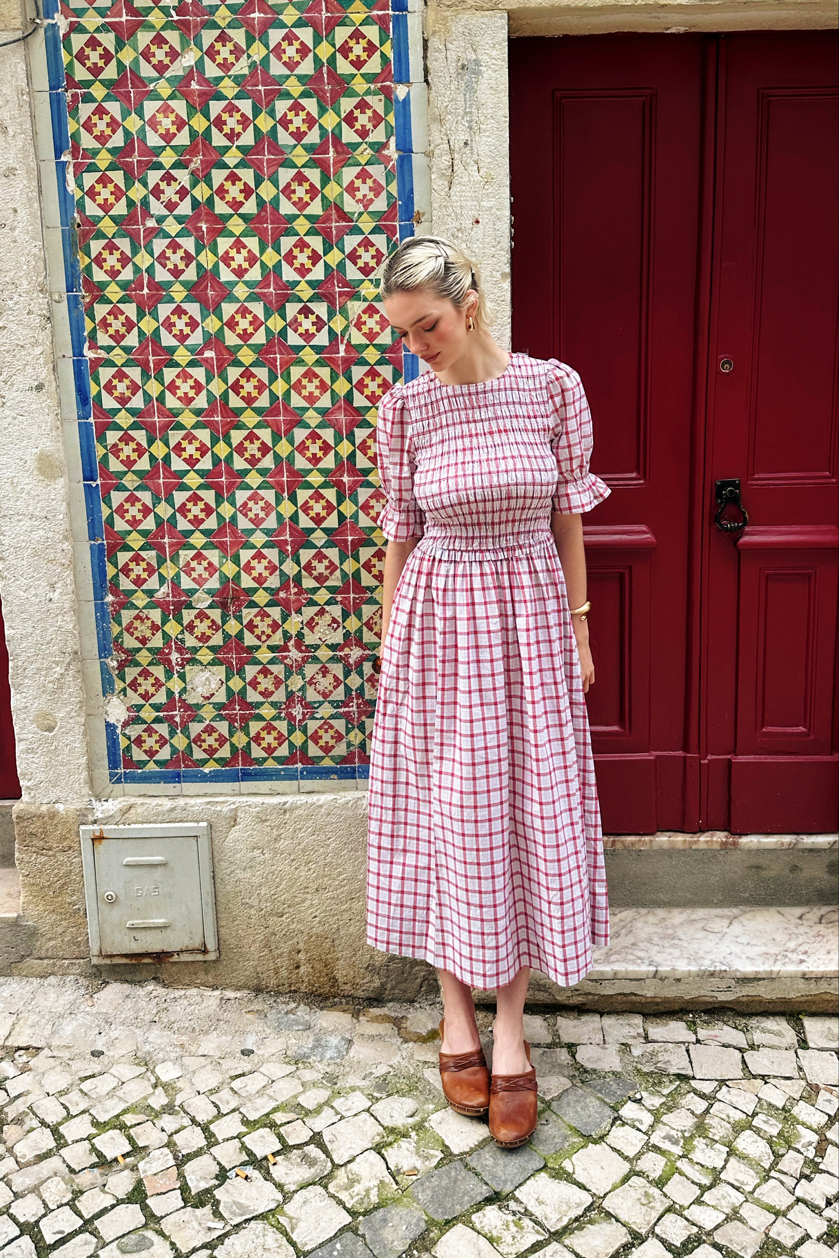 Imogen Cotton Red & White Window Pane check Midaxi Dress