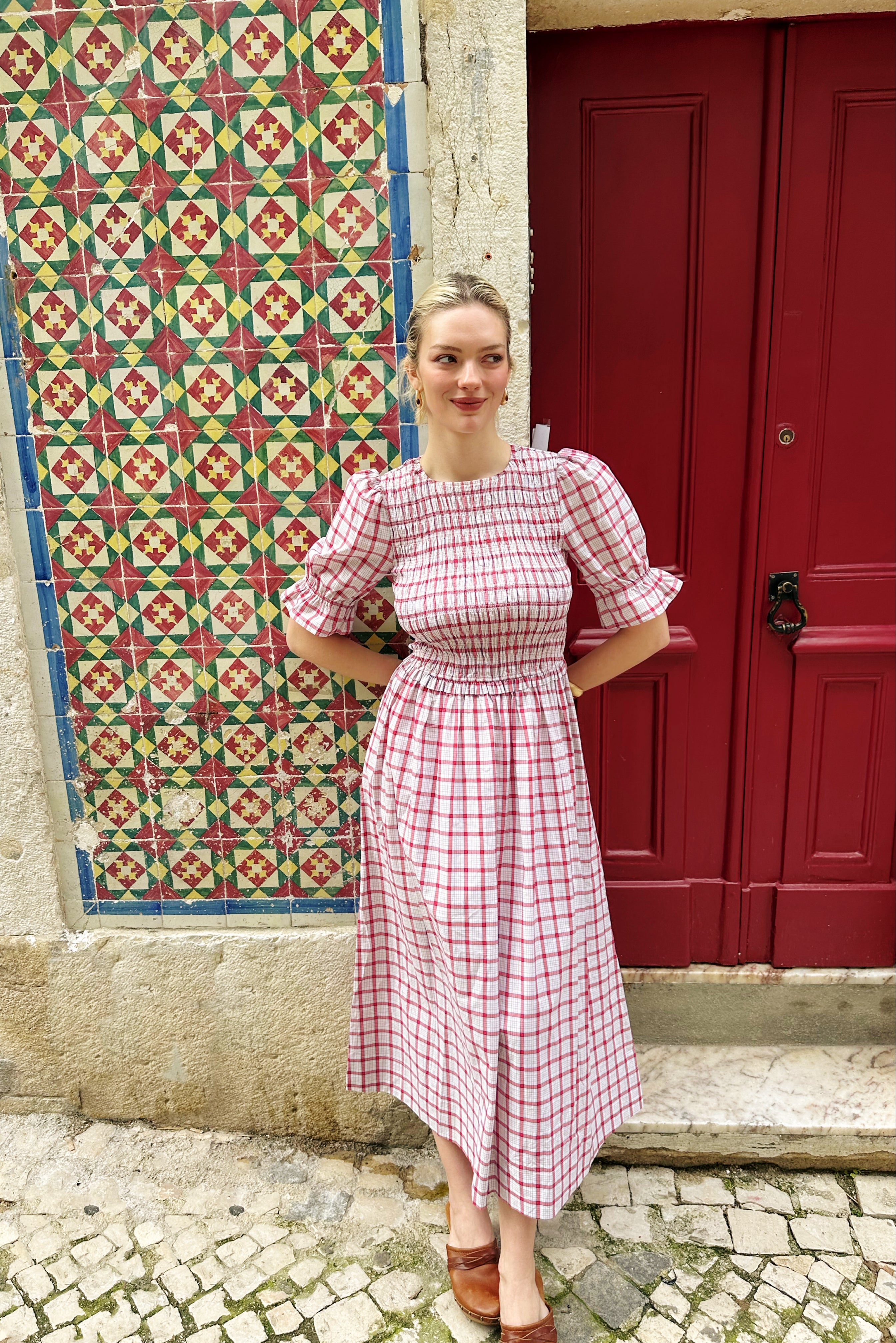 Imogen Cotton Red & White Window Pane check Midaxi Dress
