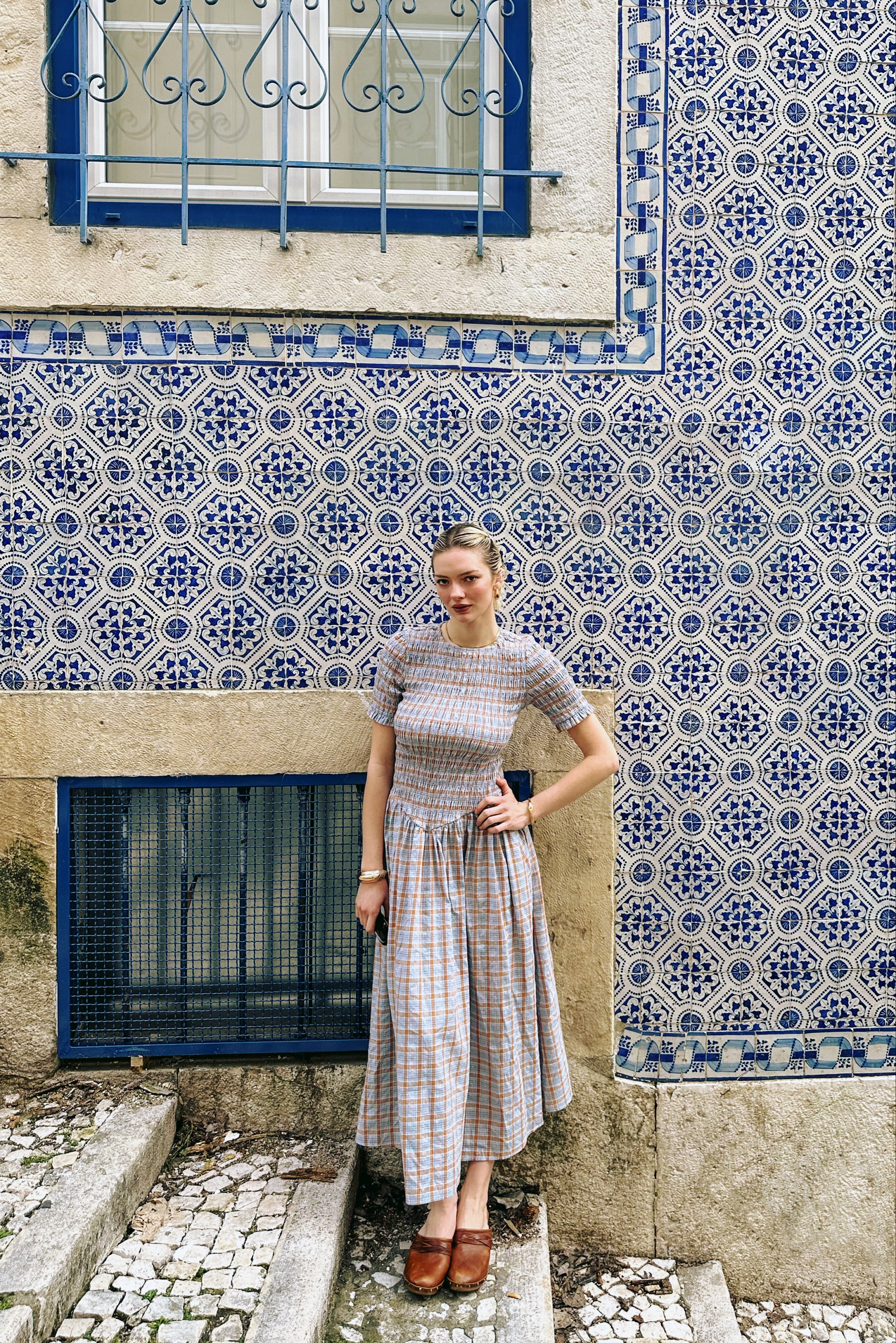 Beatrix Smocked Midaxi  Dress in Blue and Orange Check