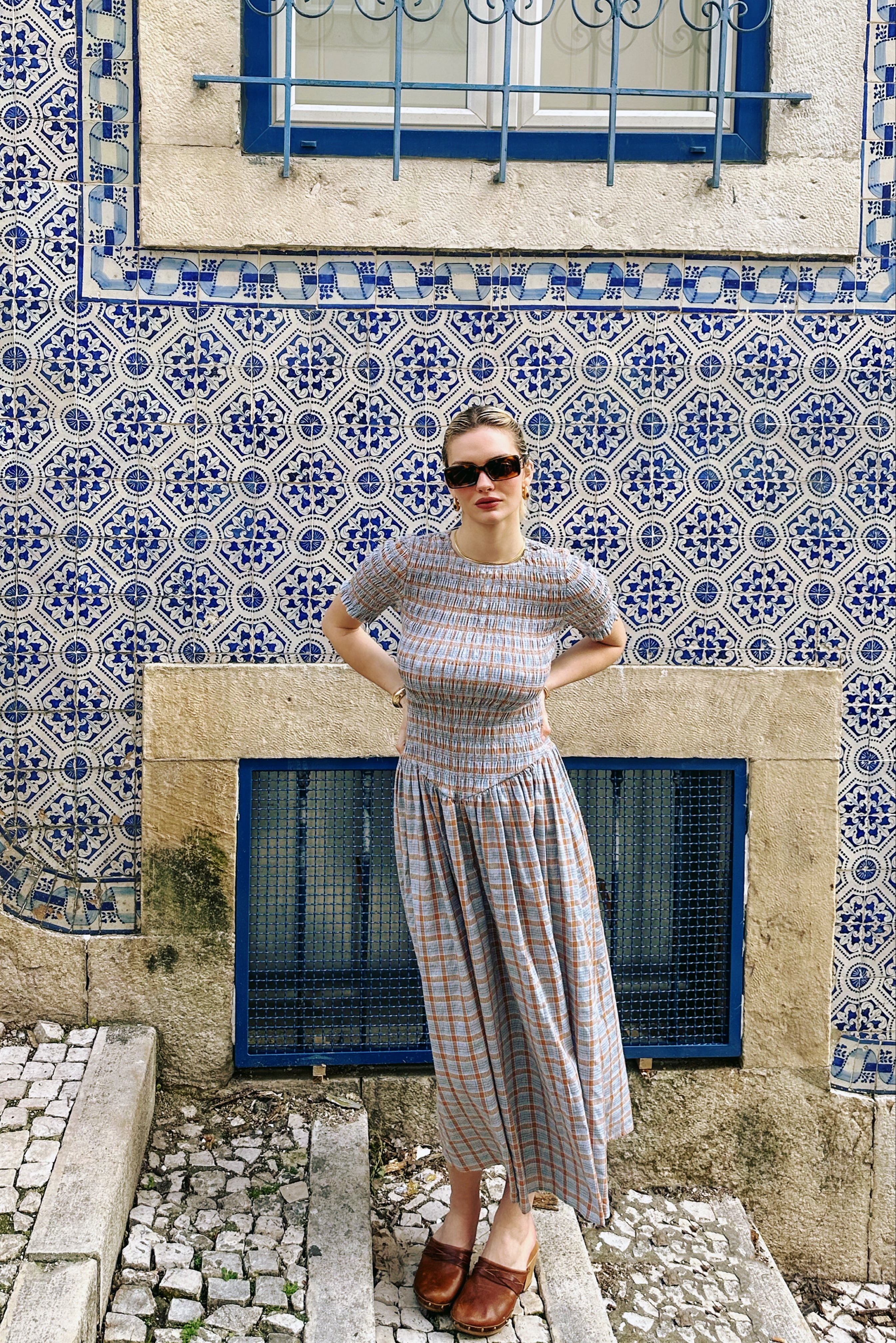 Beatrix Smocked Midaxi  Dress in Blue and Orange Check