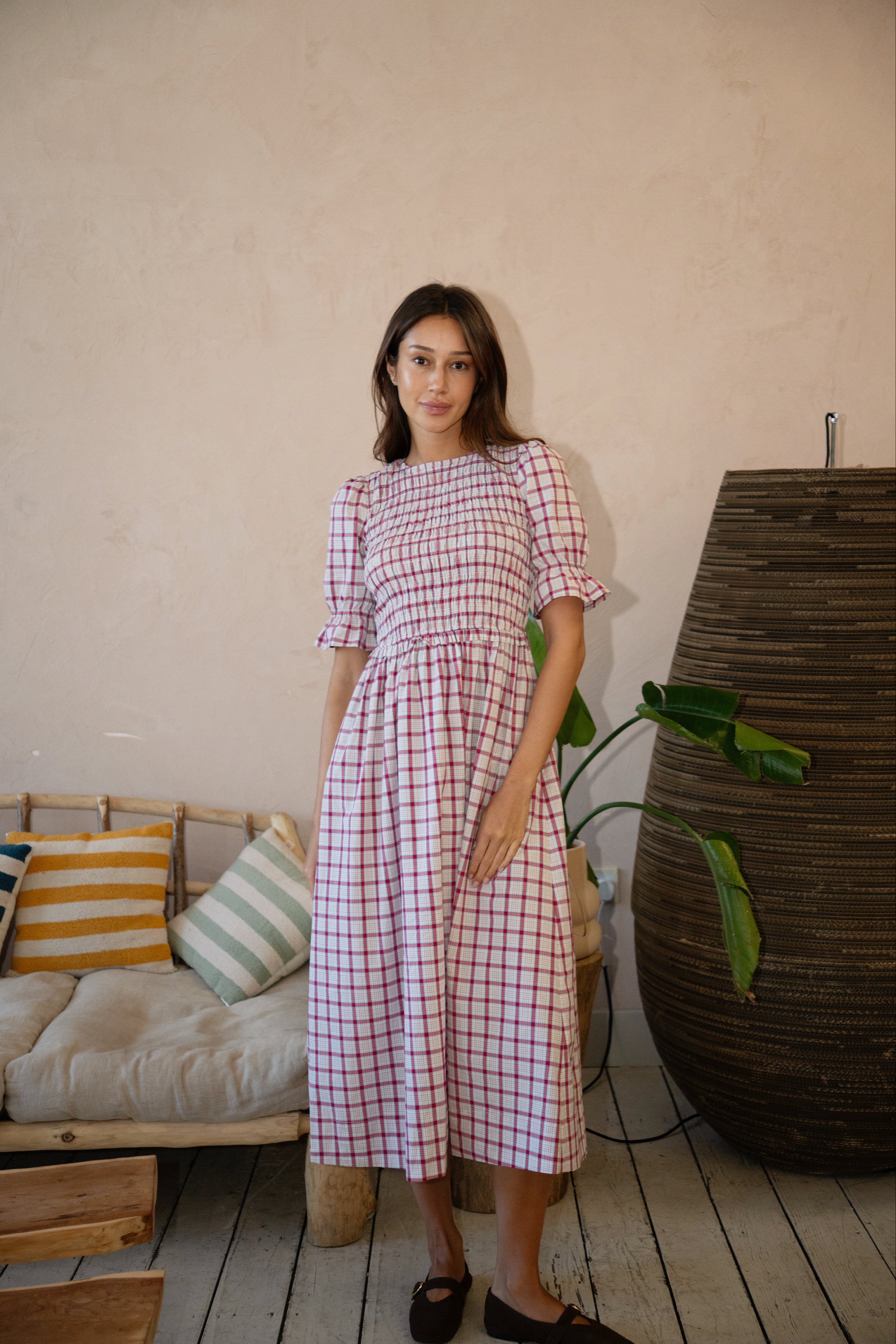 Imogen Cotton Red & White Window Pane check Midaxi Dress