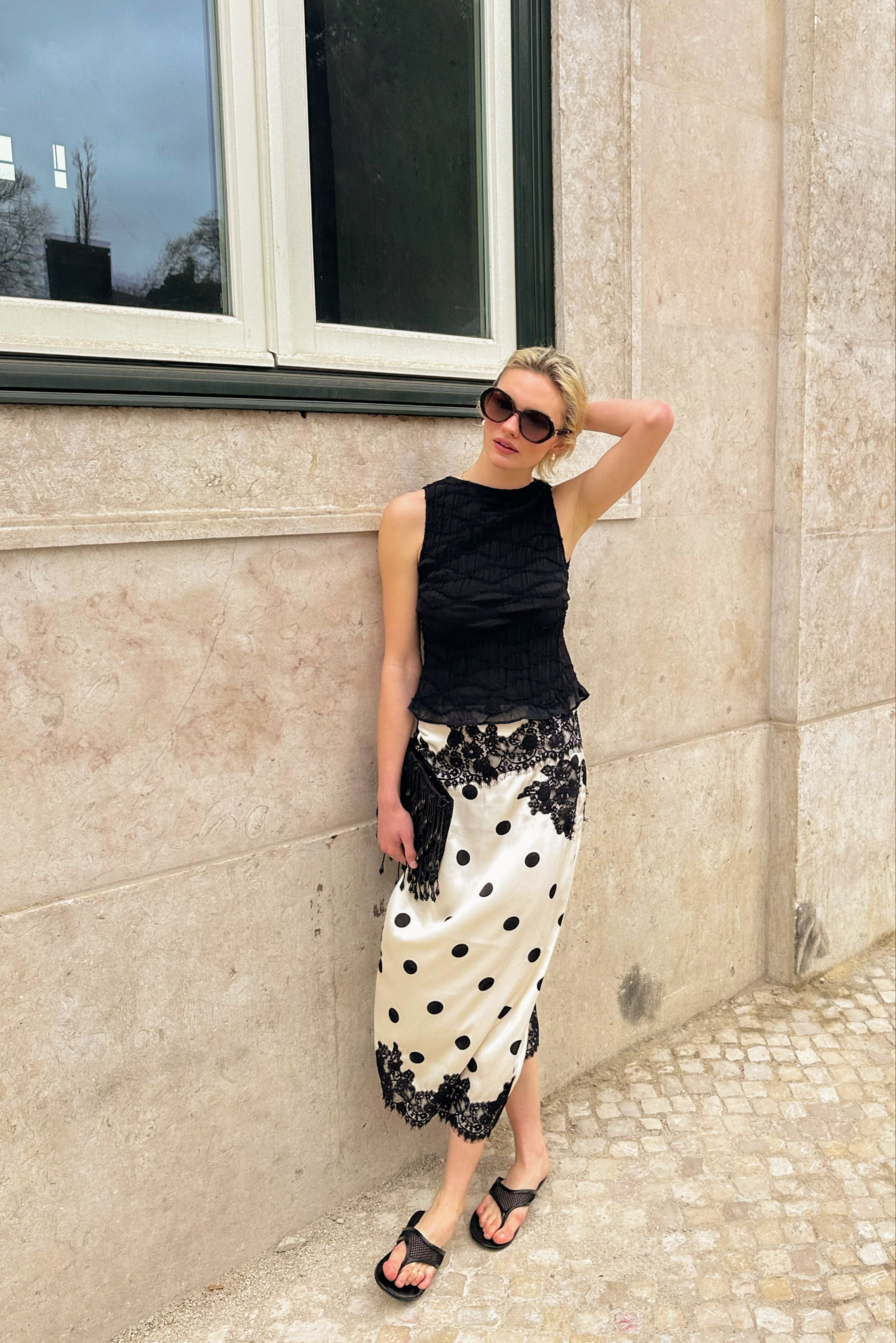 Verona Polka Dot Satin Midi Skirt | AMYLYNN