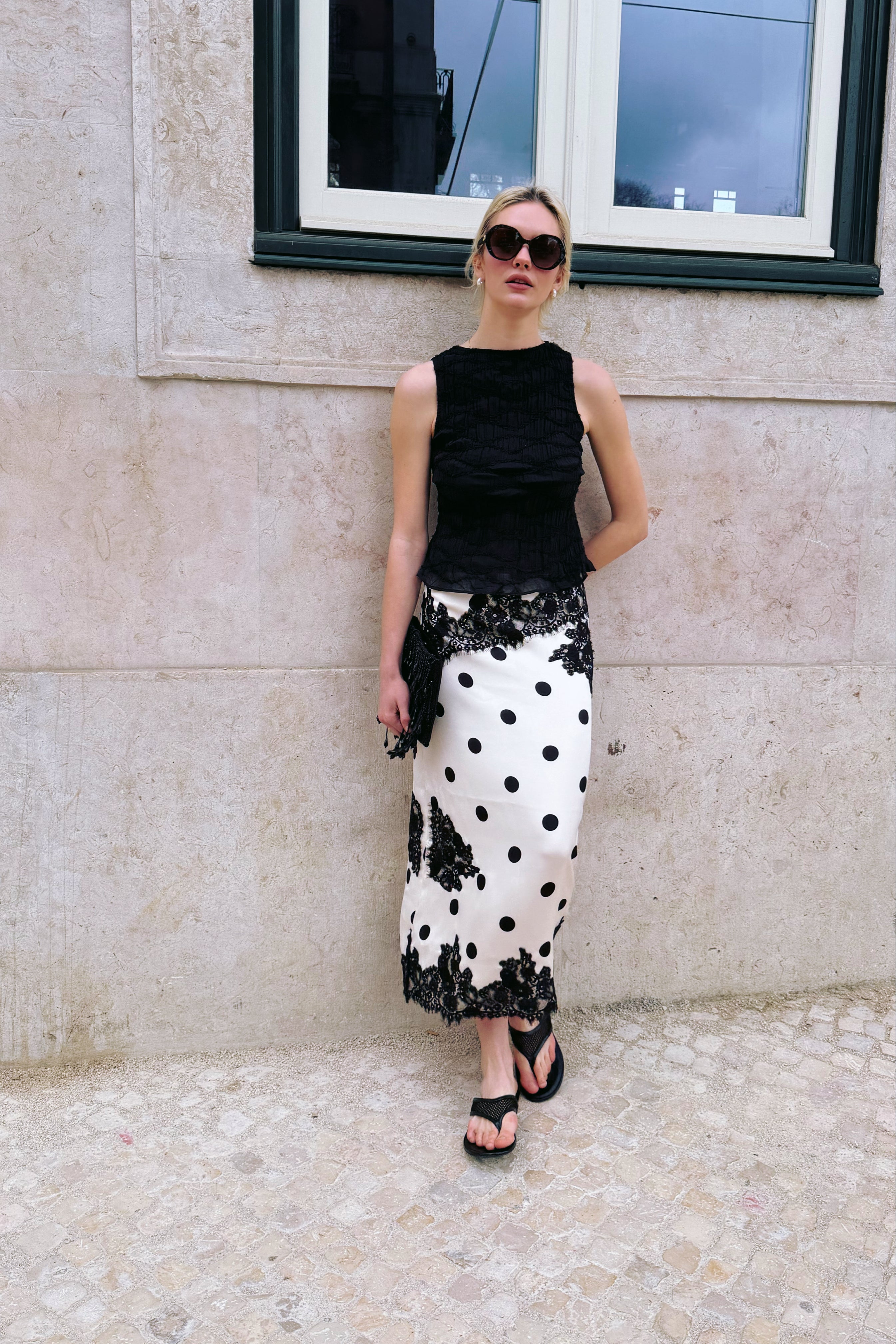 Verona Contrast Polka Dot Satin Midi Skirt
