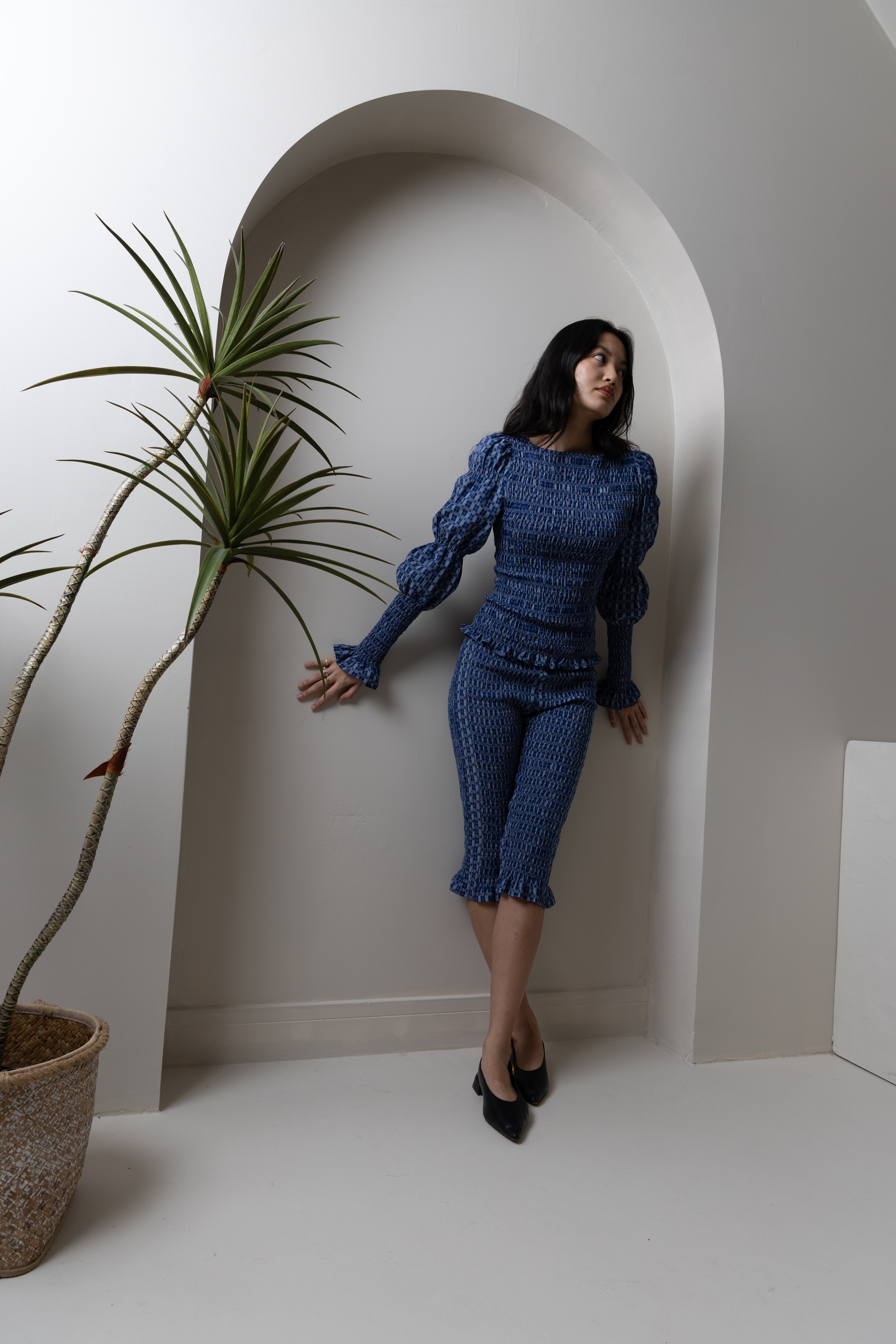 Iris Indigo Checkerboard Cotton Smocked Sleeve Top