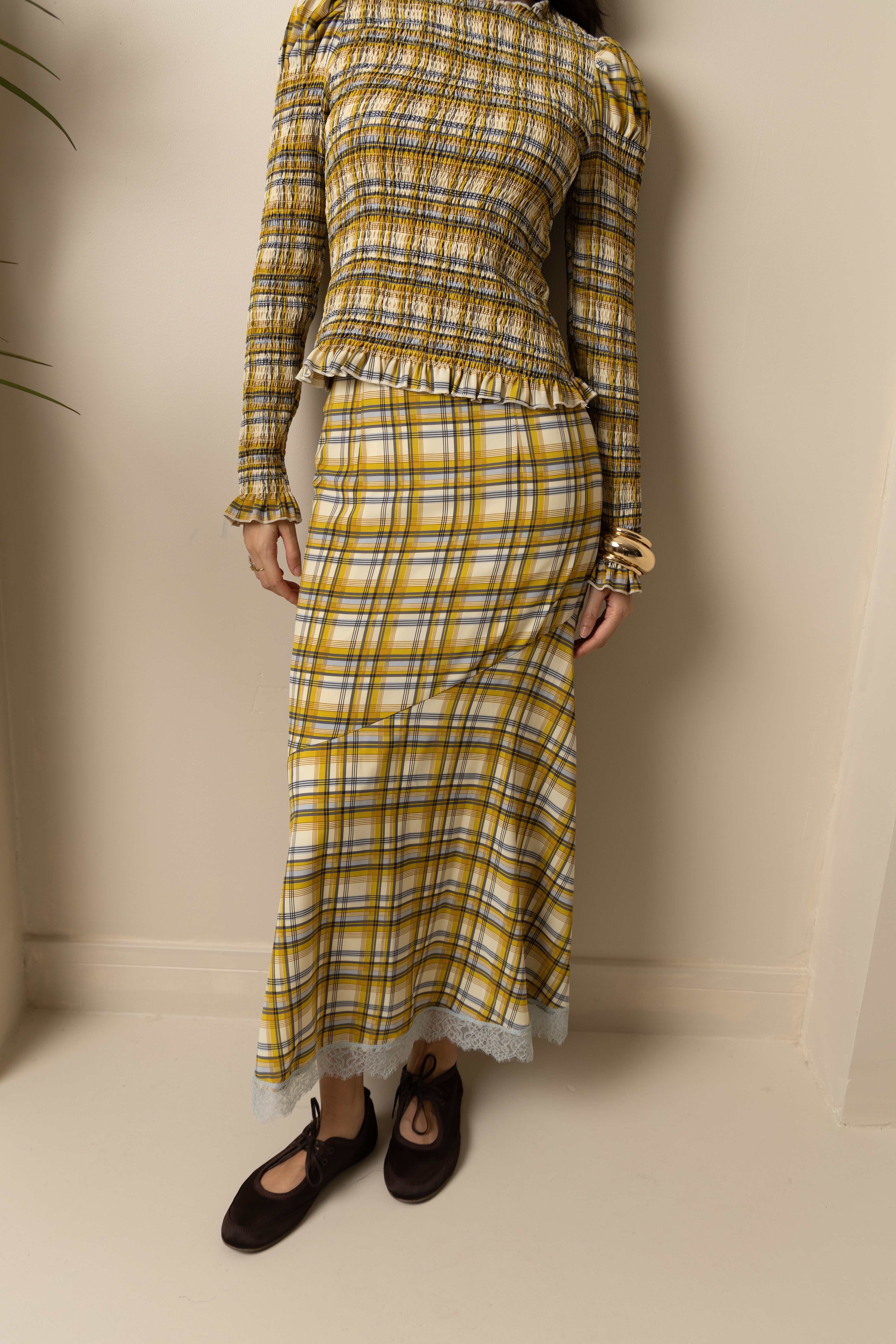 Sunnie Yellow Plaid Asymetric Lace Trim Skirt