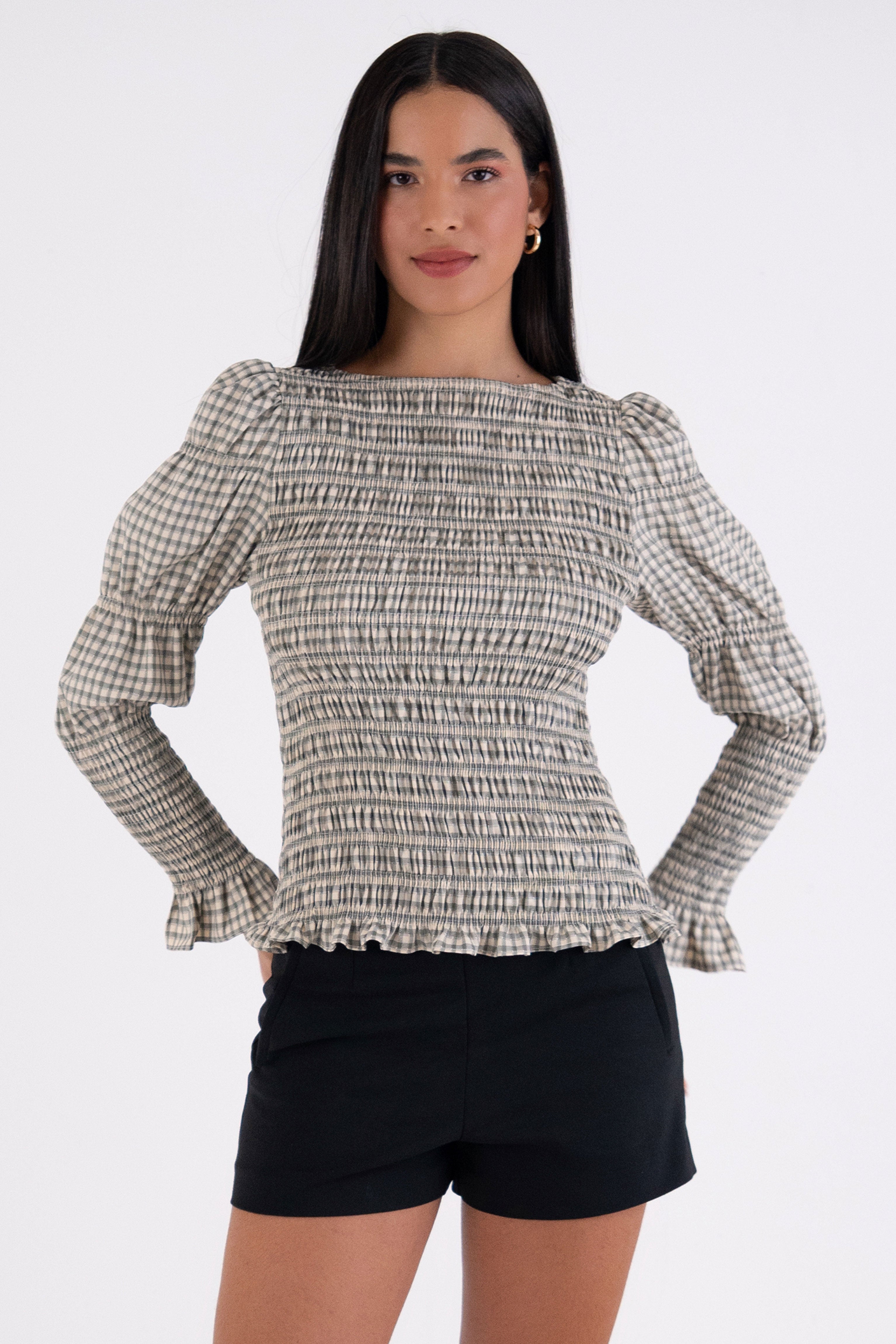 Iris Pure Cotton Mono Gingham Smocked Top