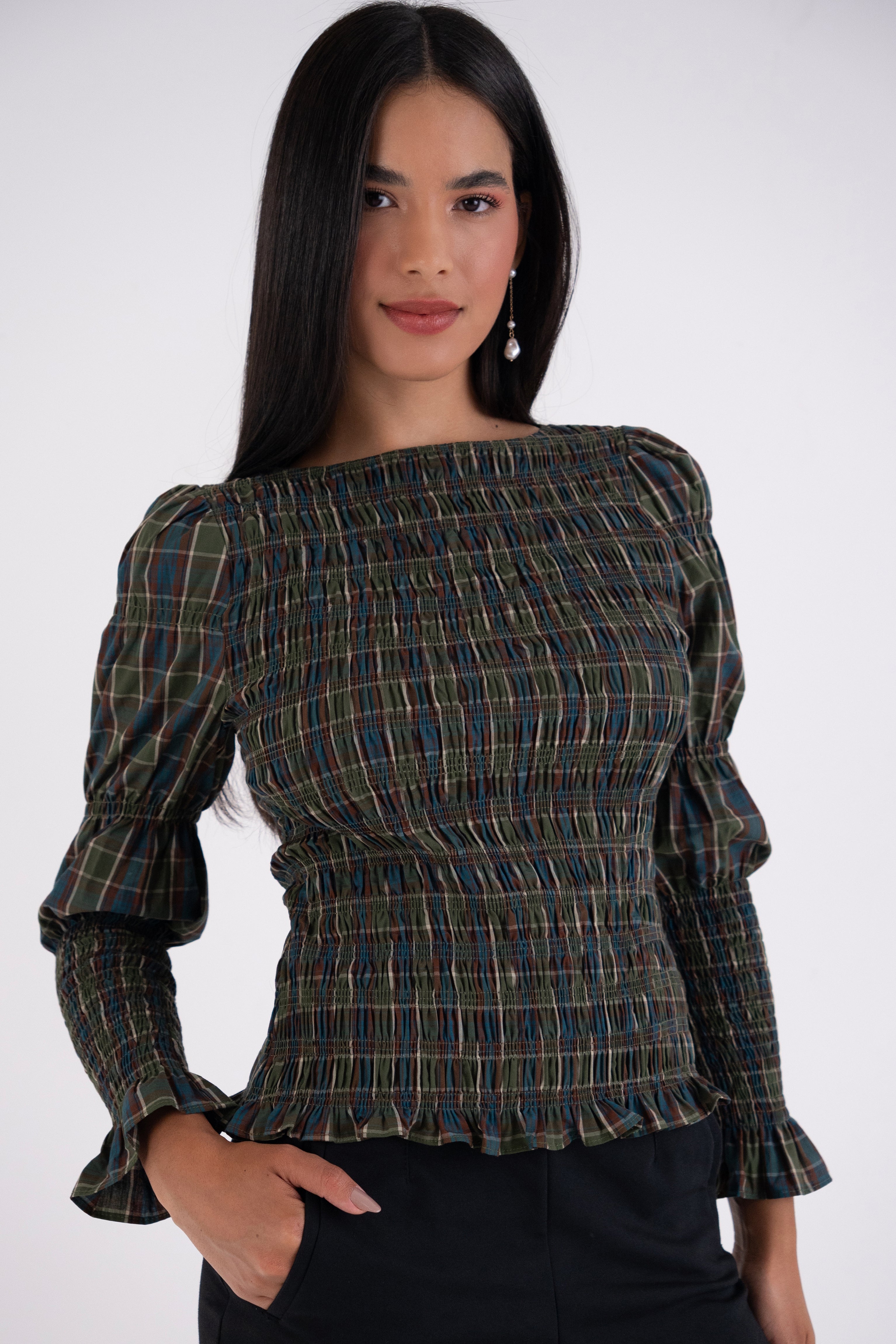 Iris Pure Cotton Green Plaid Smocked Top