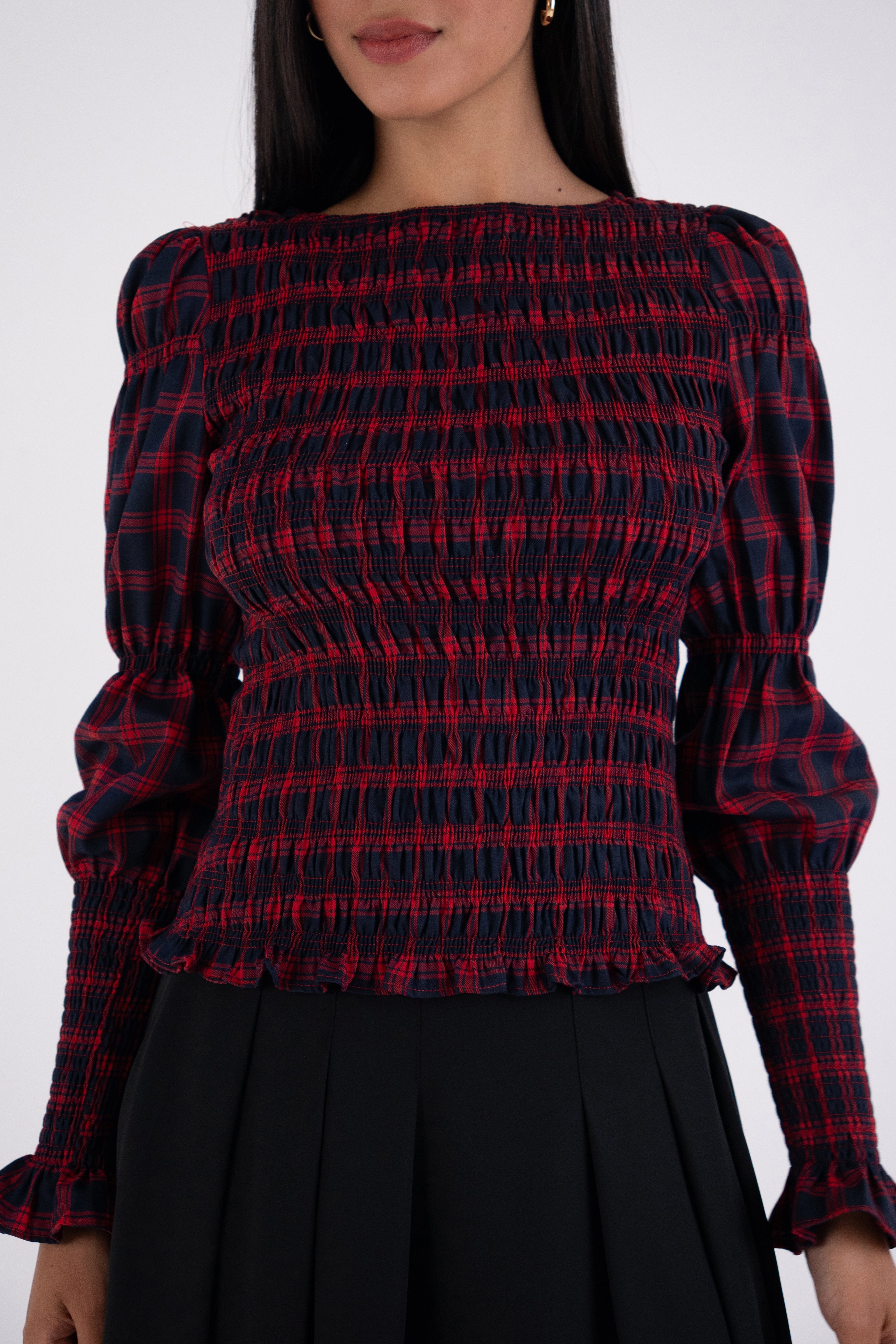 Iris Pure Cotton Red Plaid Smocked Top