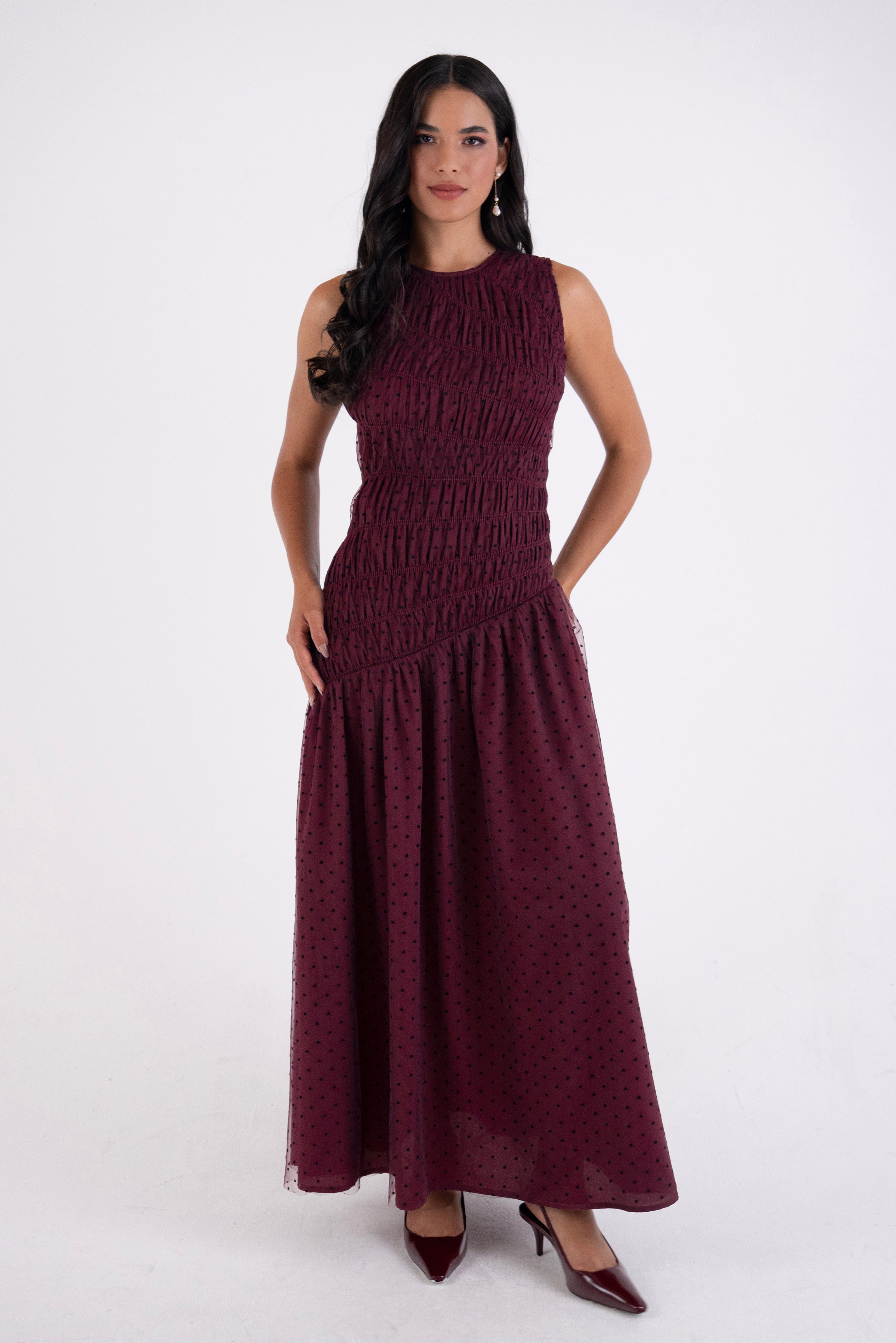 Julia Burgundy Smocked Polka Dot Maxi Dress