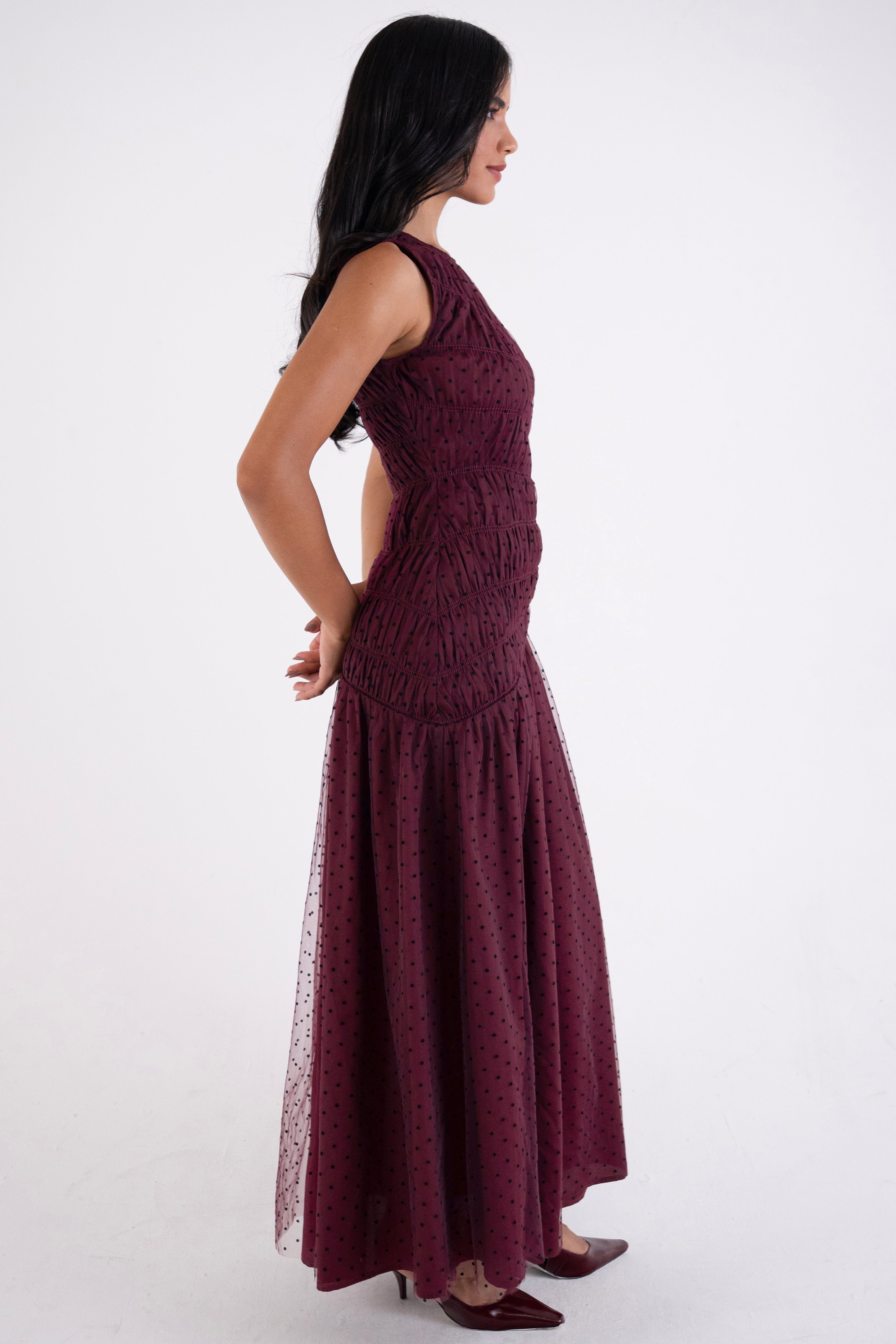 Julia Burgundy Smocked Polka Dot Maxi Dress