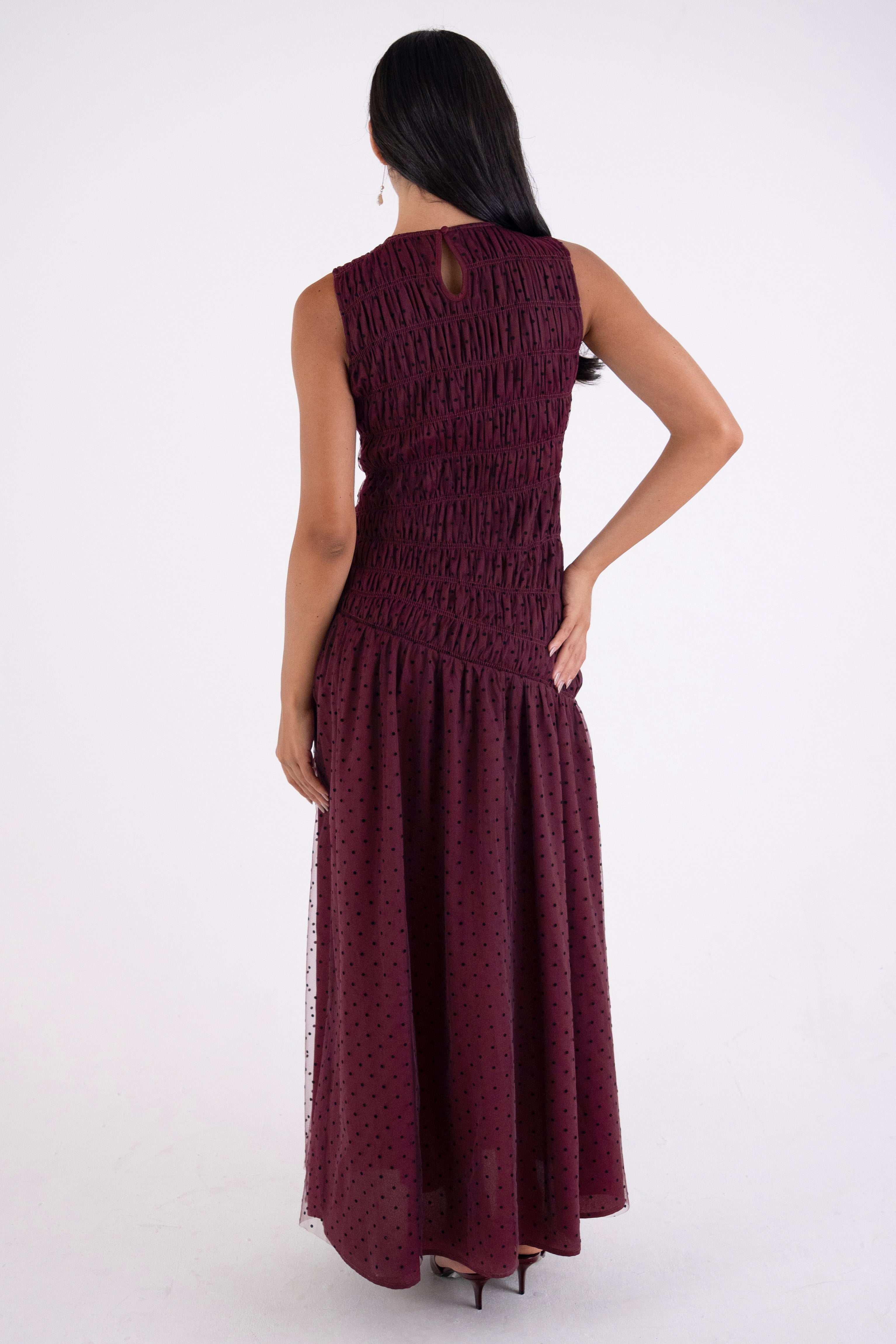 Julia Burgundy Smocked Polka Dot Maxi Dress