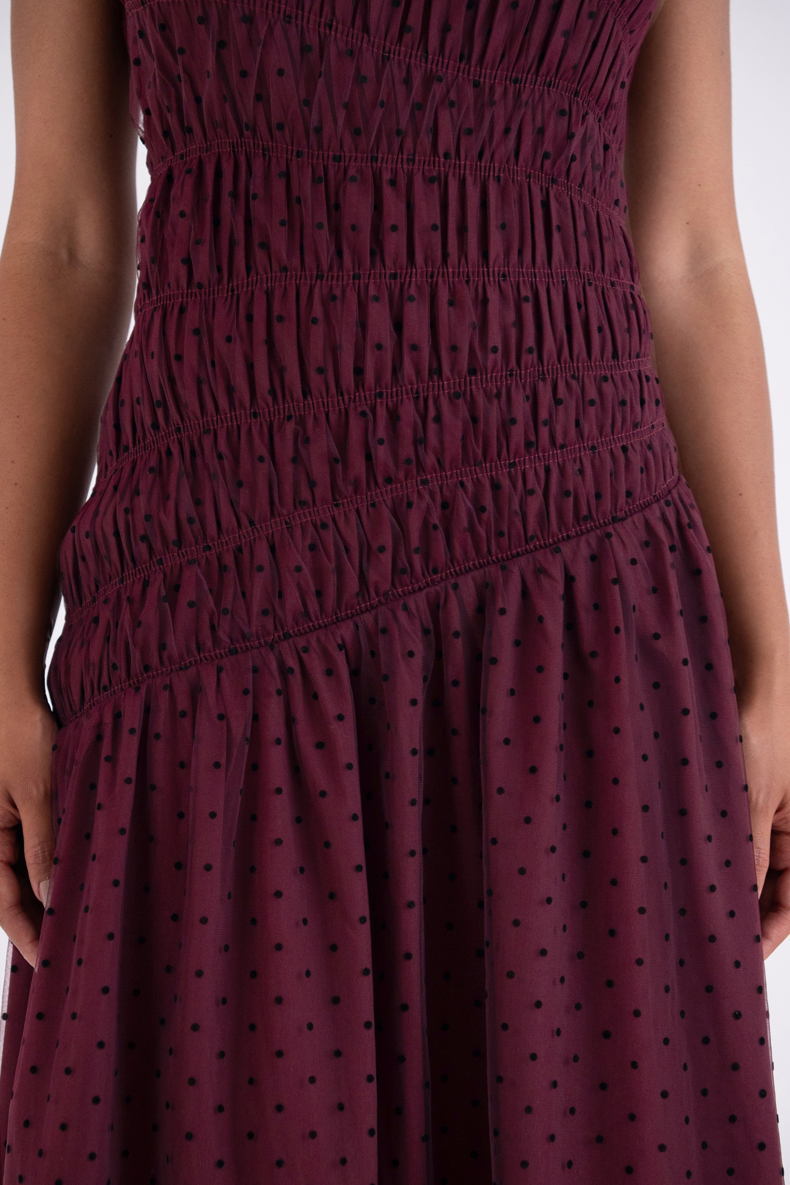 Julia Burgundy Smocked Polka Dot Maxi Dress