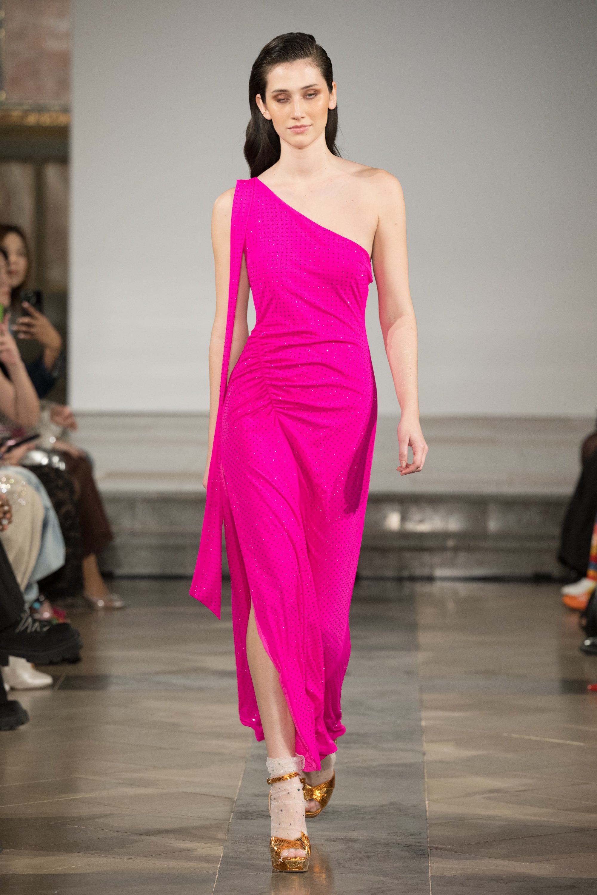 Stella Pink Asymmetrical Rhinestone Embellished Maxi Dress | AMYLYNN