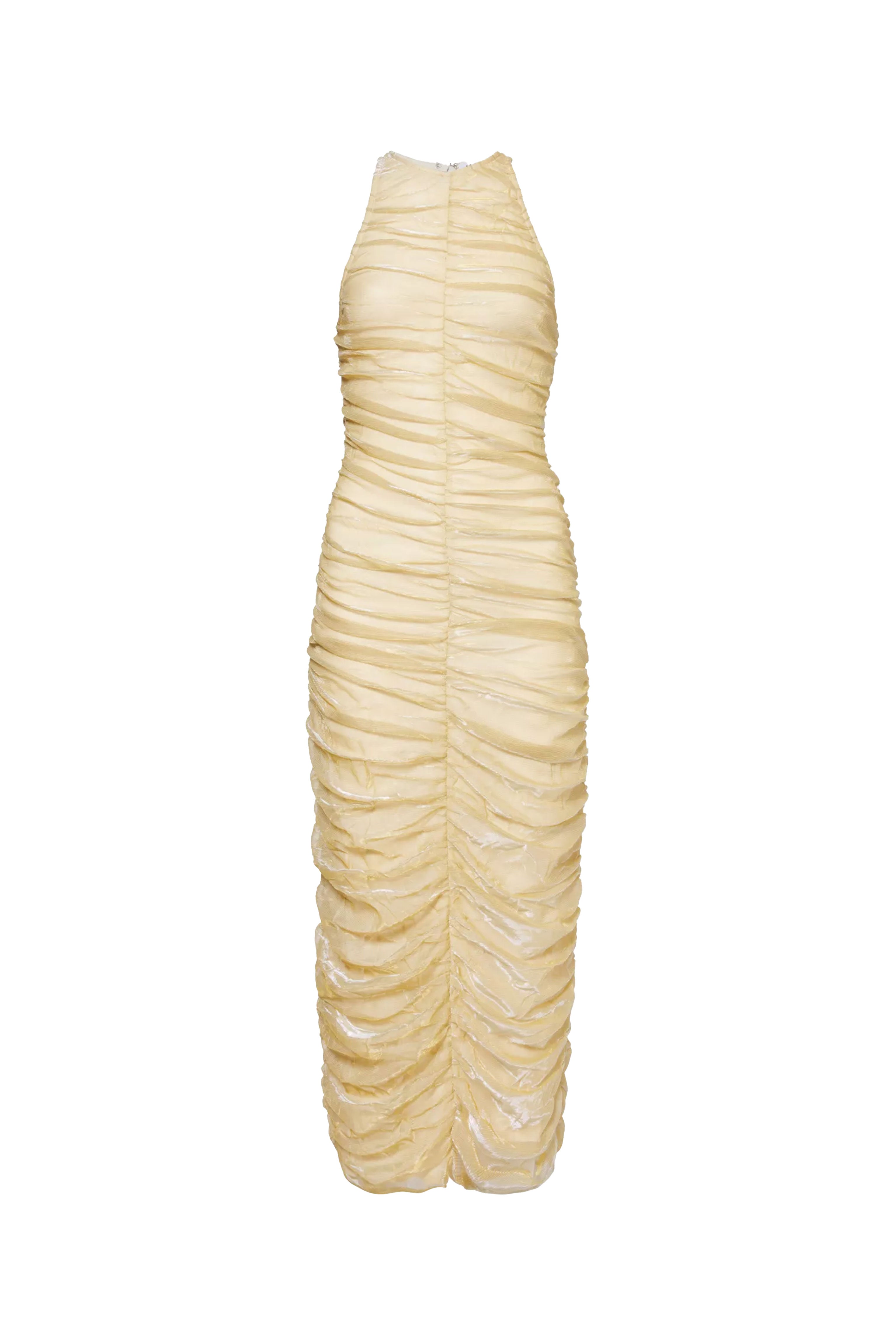Lottie Gold Ruche Midi Dress
