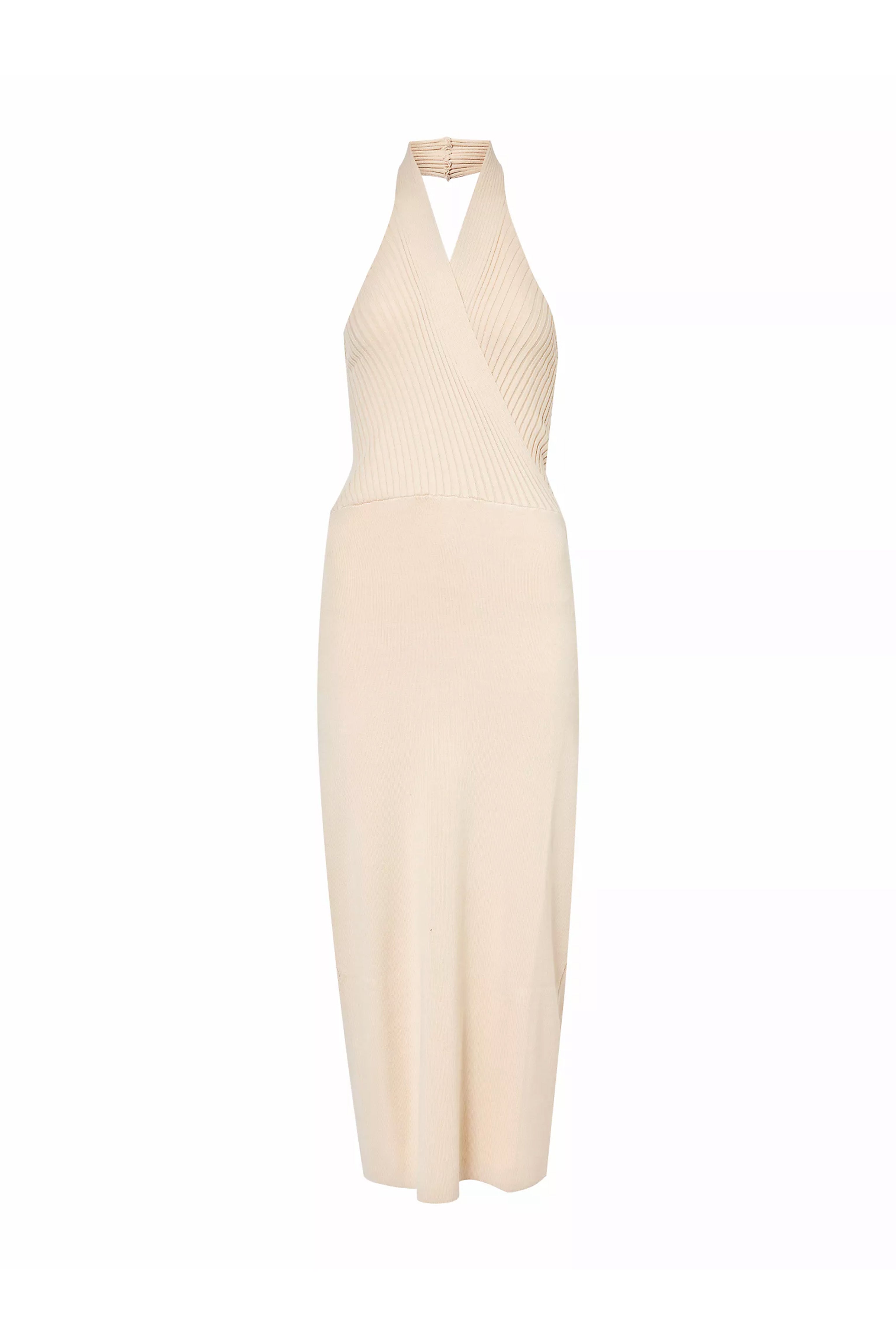 Marrakech Beige Halter-neck Knit Ribbed Midi Dress | AMYLYNN