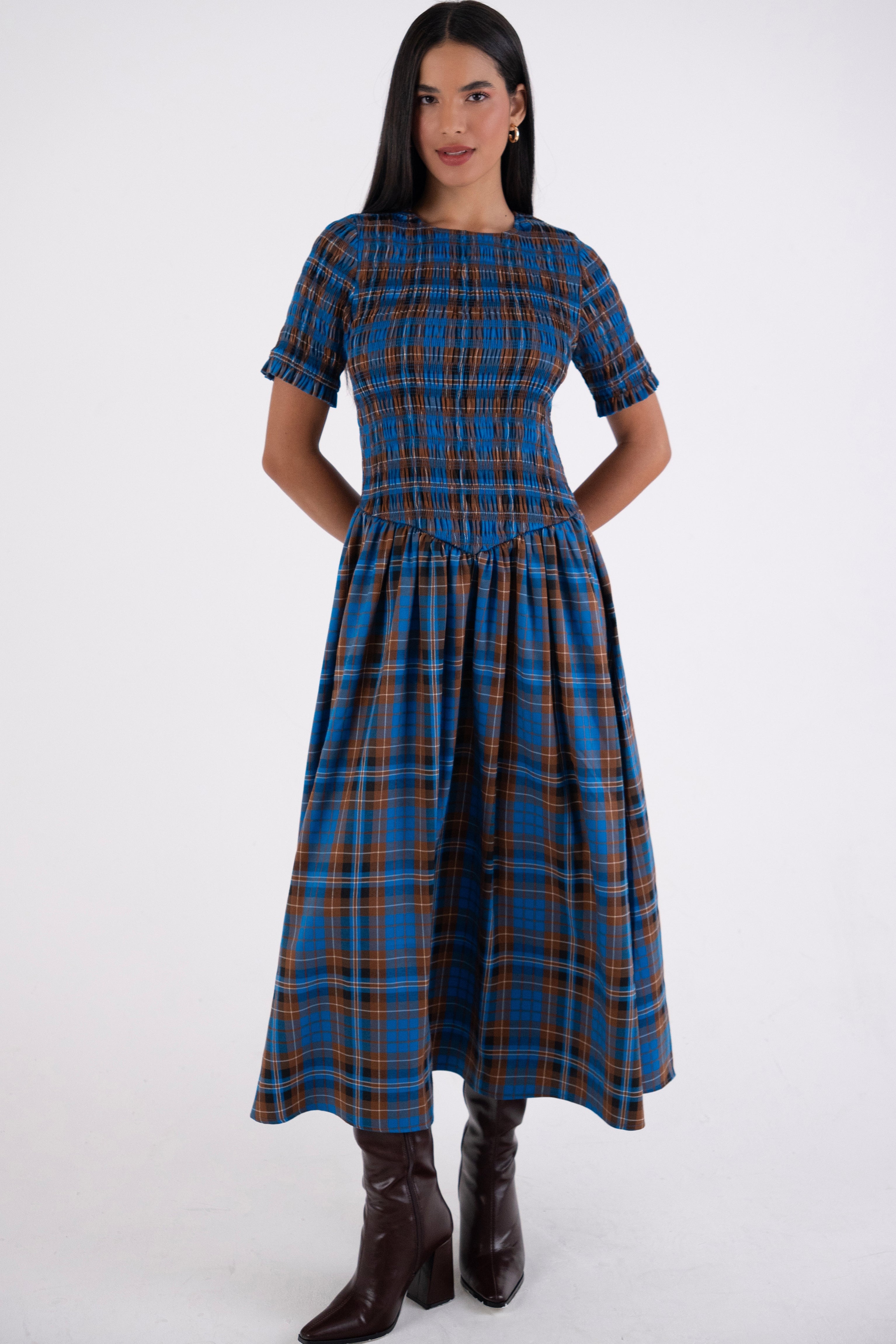 Beatrix Pure Cotton Smocked Blue Plaid Midi Dress