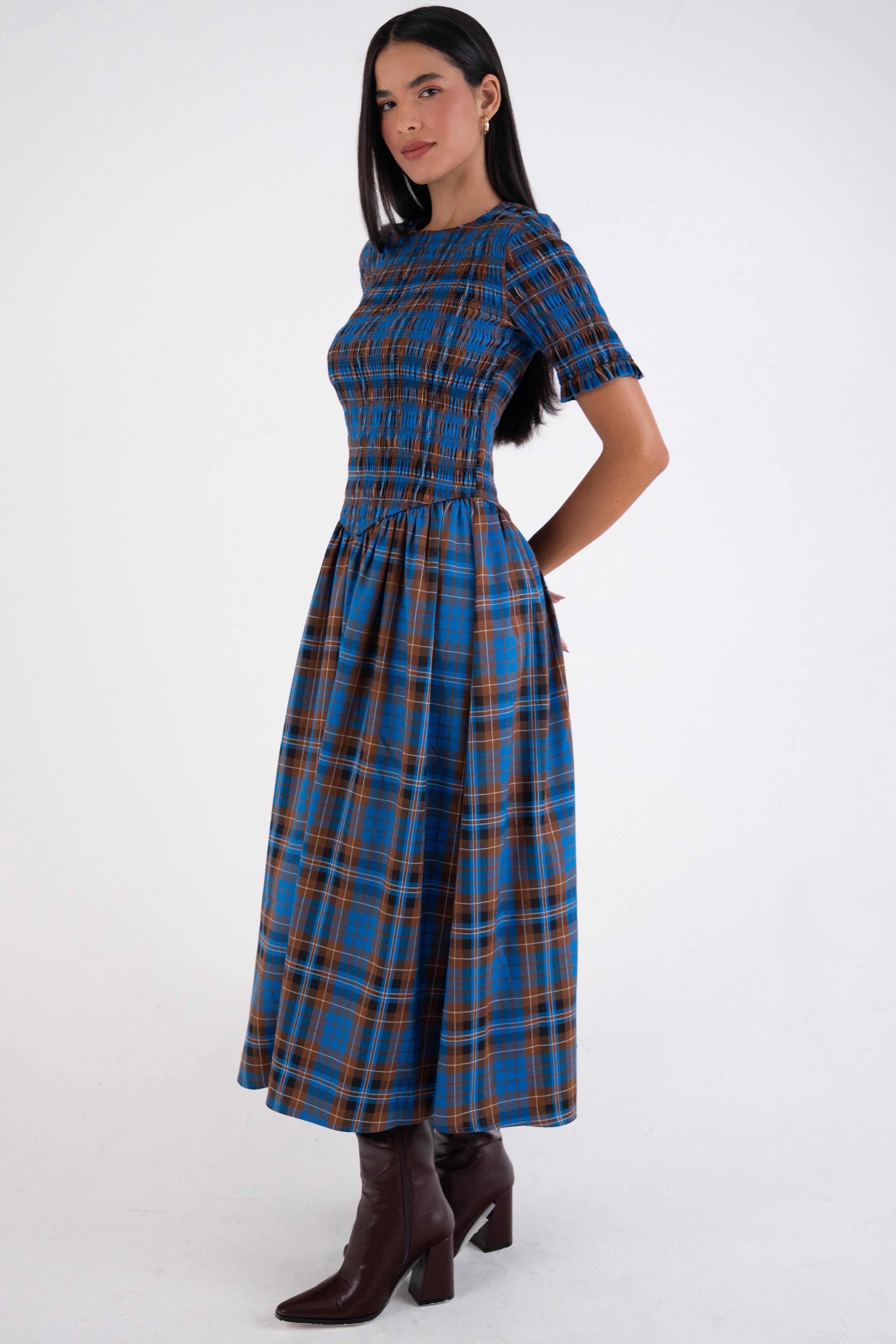 Beatrix Pure Cotton Smocked Blue Plaid Midi Dress