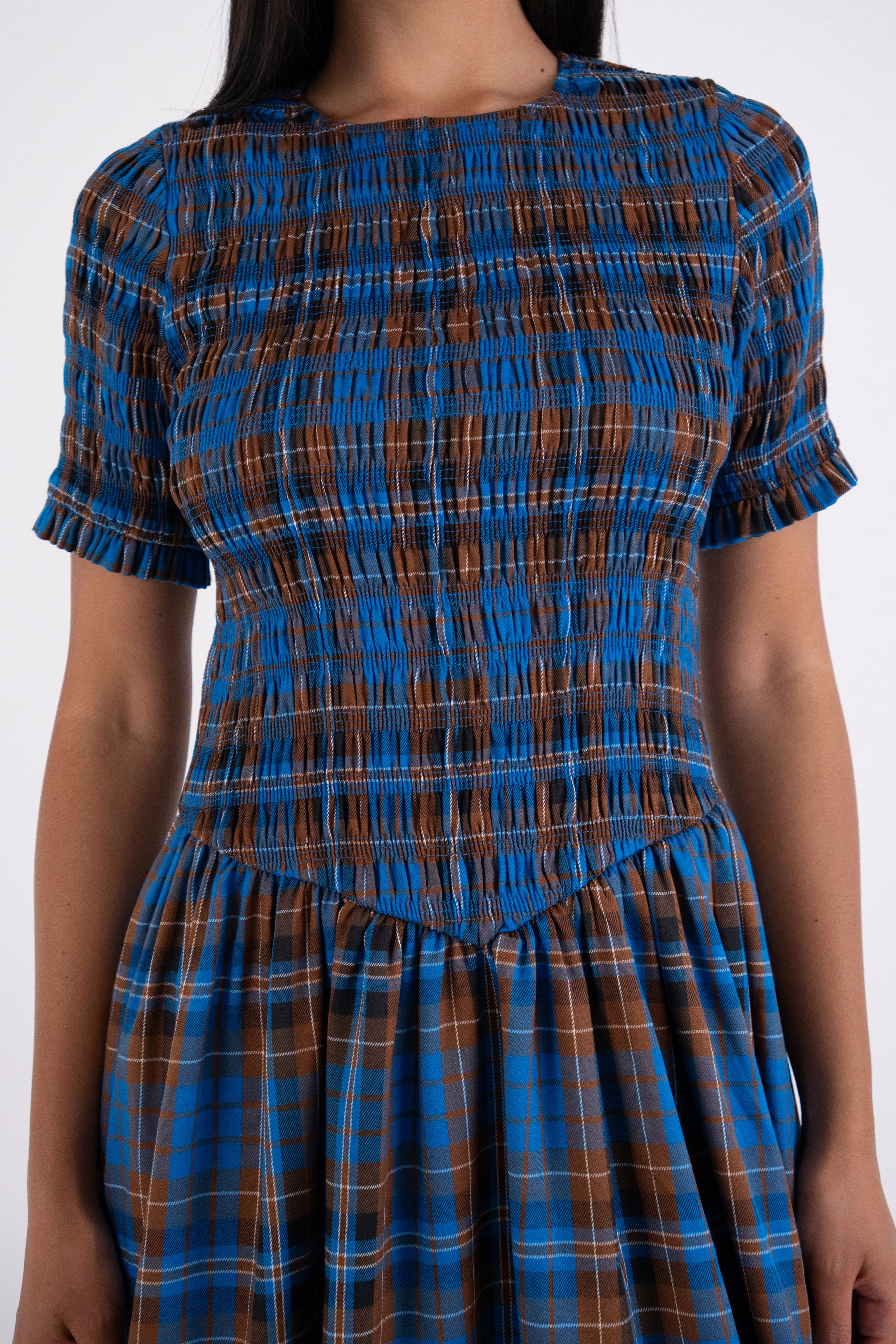 Beatrix Pure Cotton Smocked Blue Plaid Midi Dress