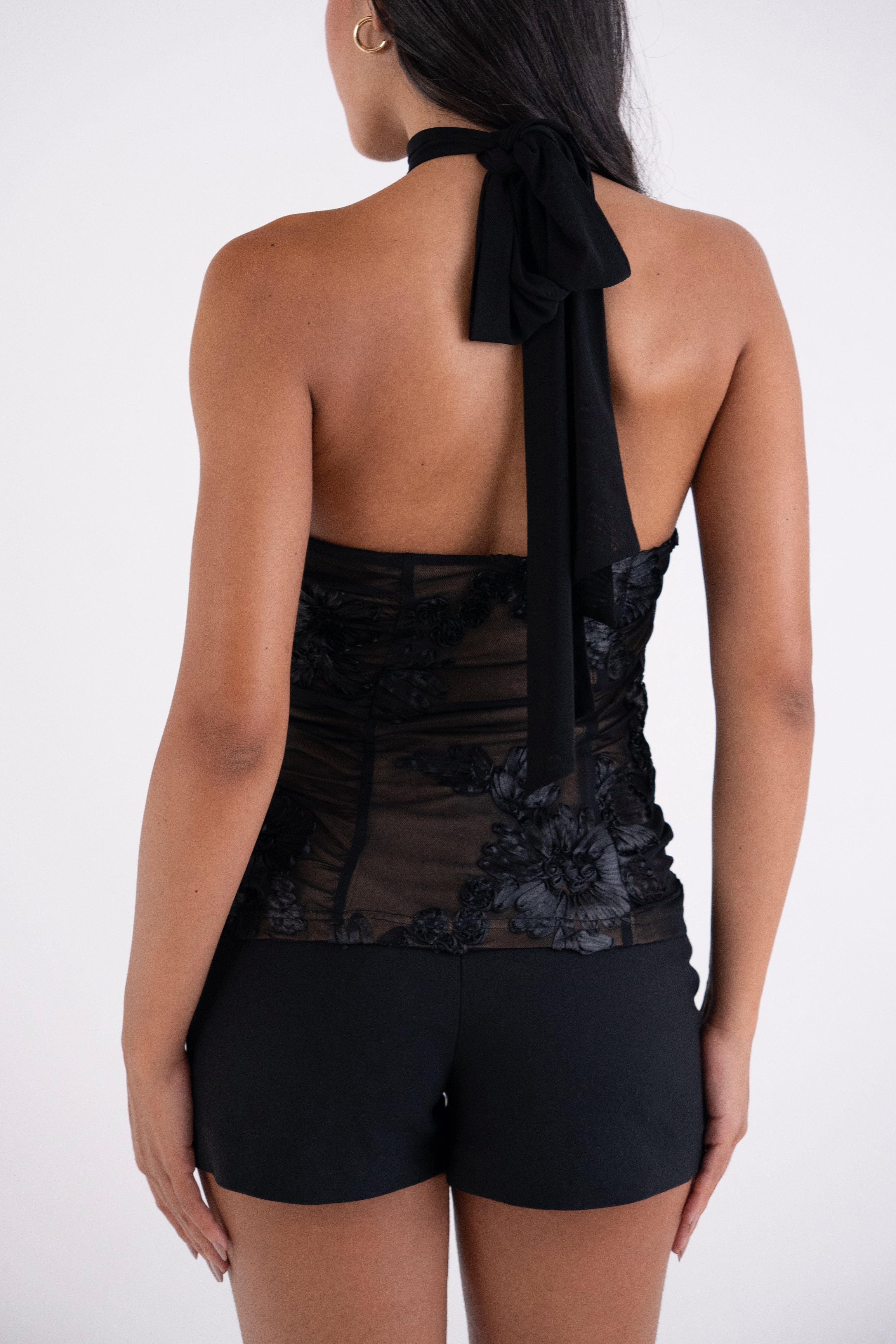 Priya Black Floral Mesh Halter Top