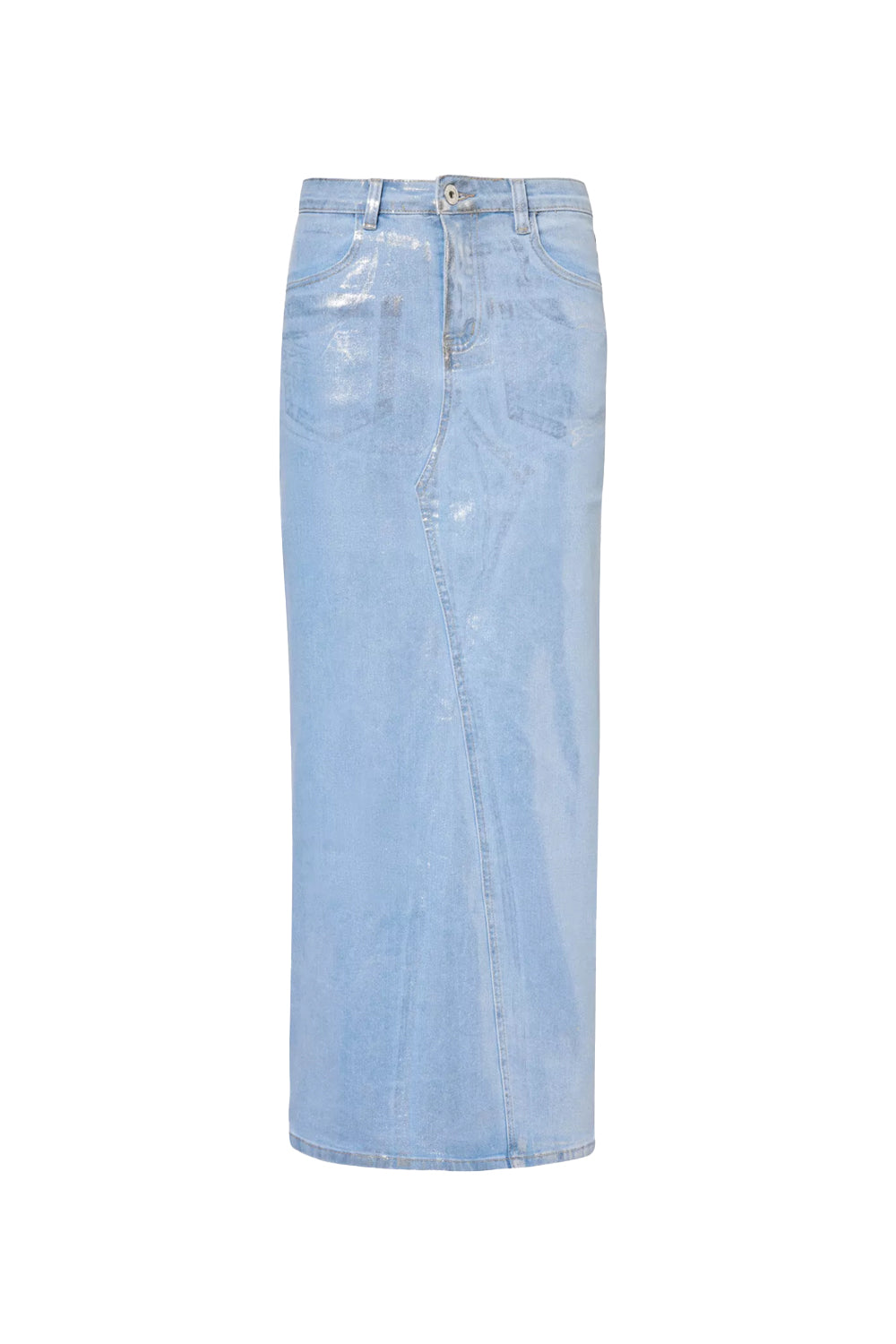 Mimi High-waist Denim Maxi Skirt with Metallic Sheen | AMYLYNN