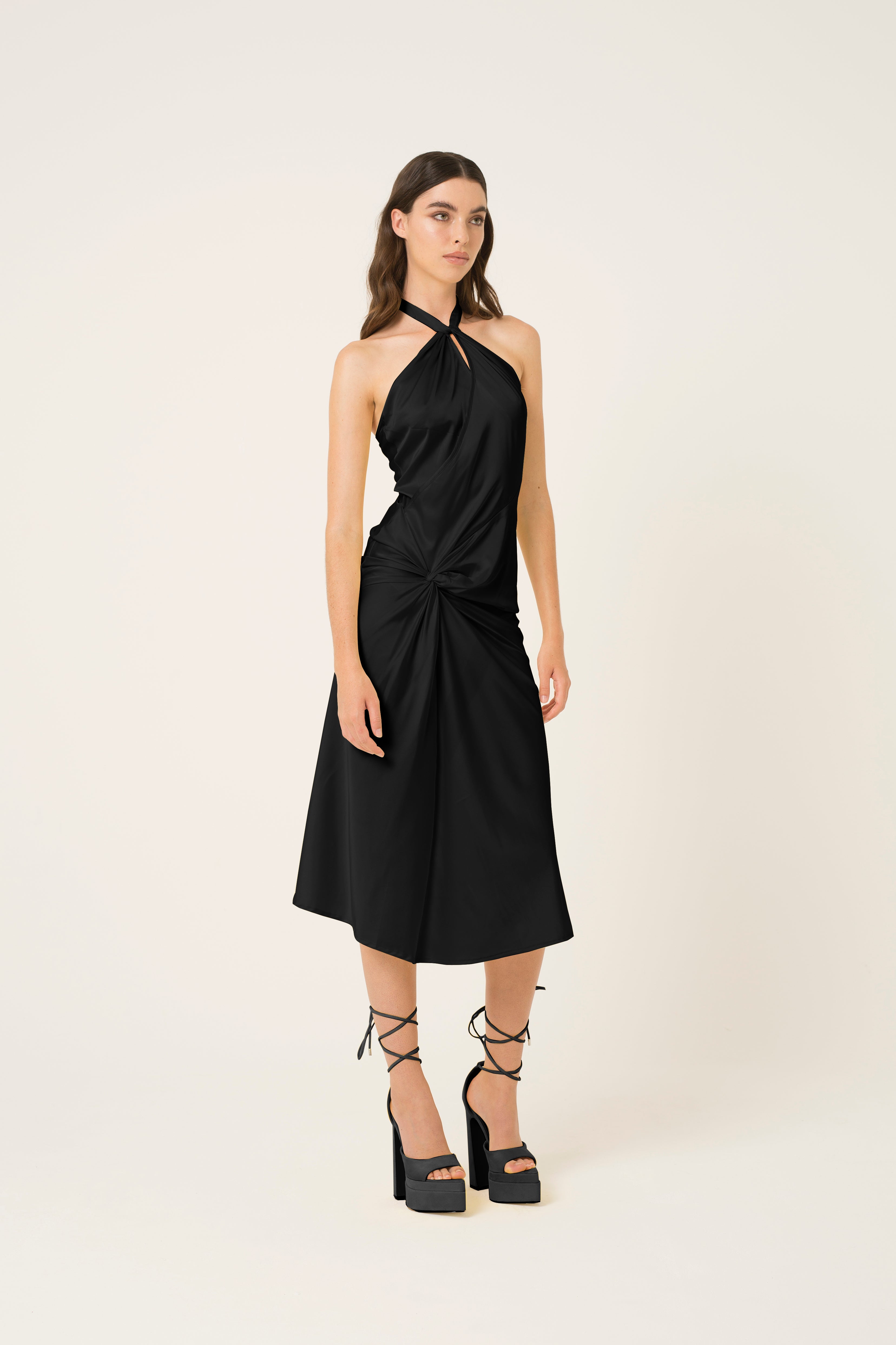 Serena Black Satin Halterneck Midi Dress