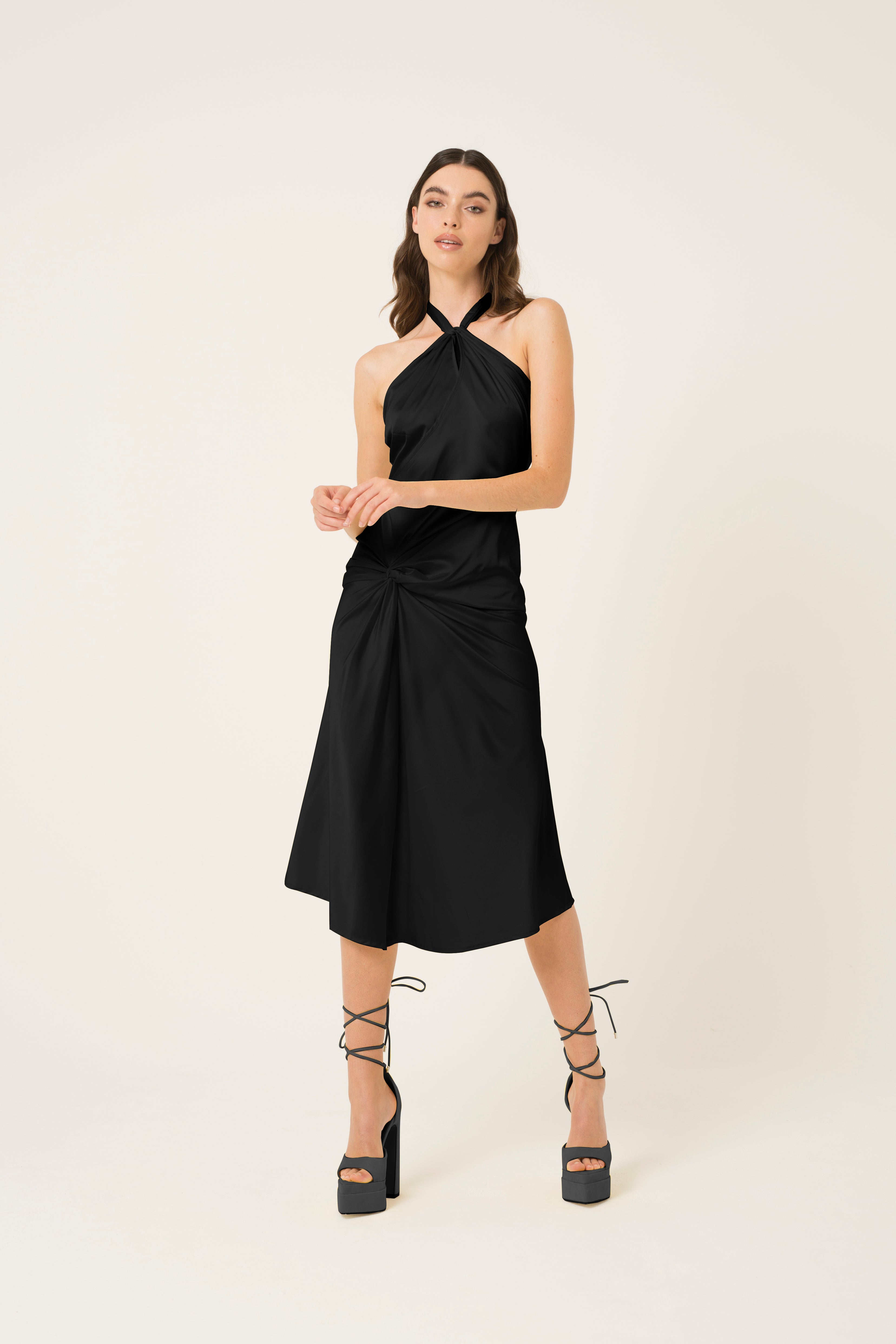 Serena Black Satin Halterneck Midi Dress