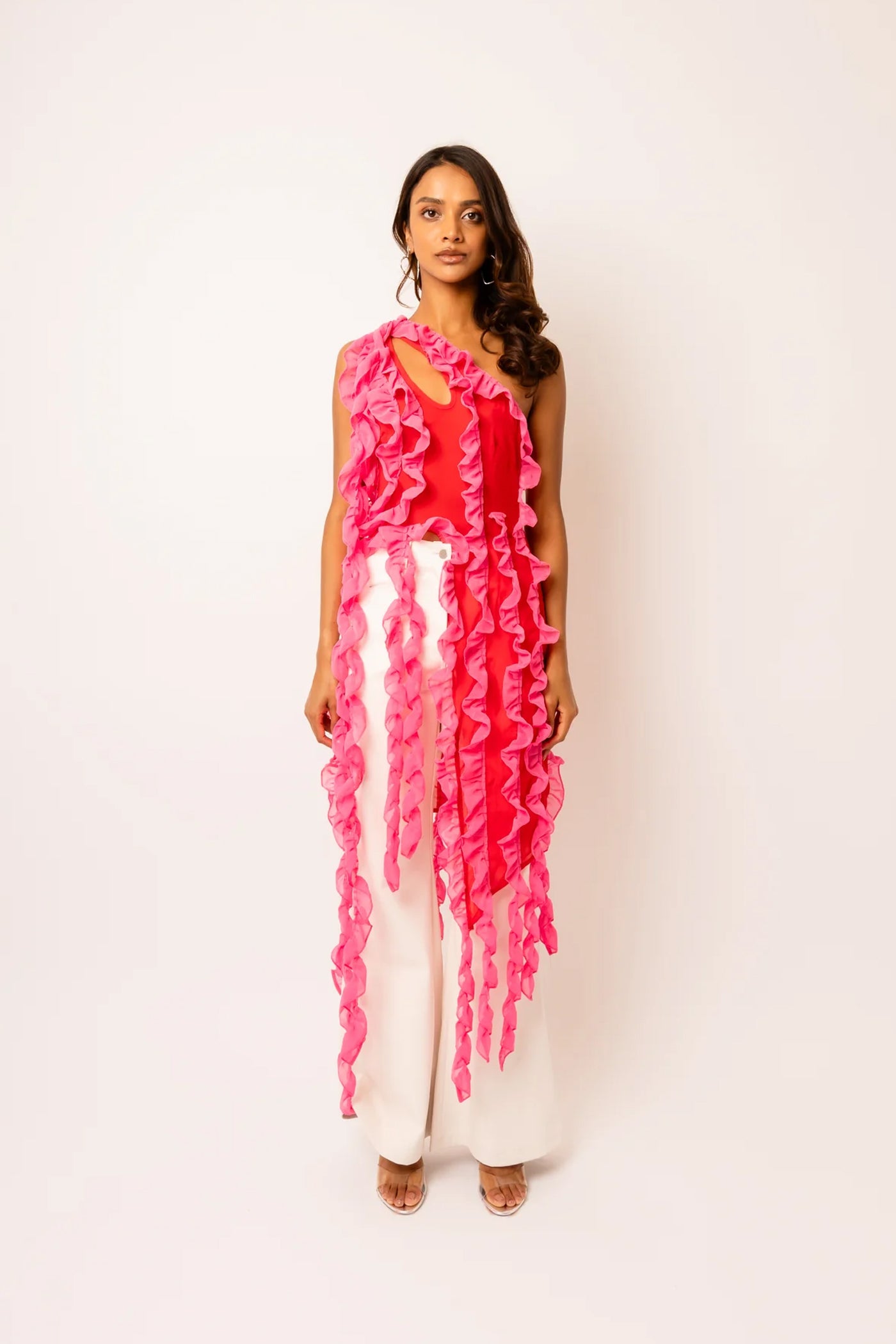 Suki Pink Ruffle Frill Chiffon Top