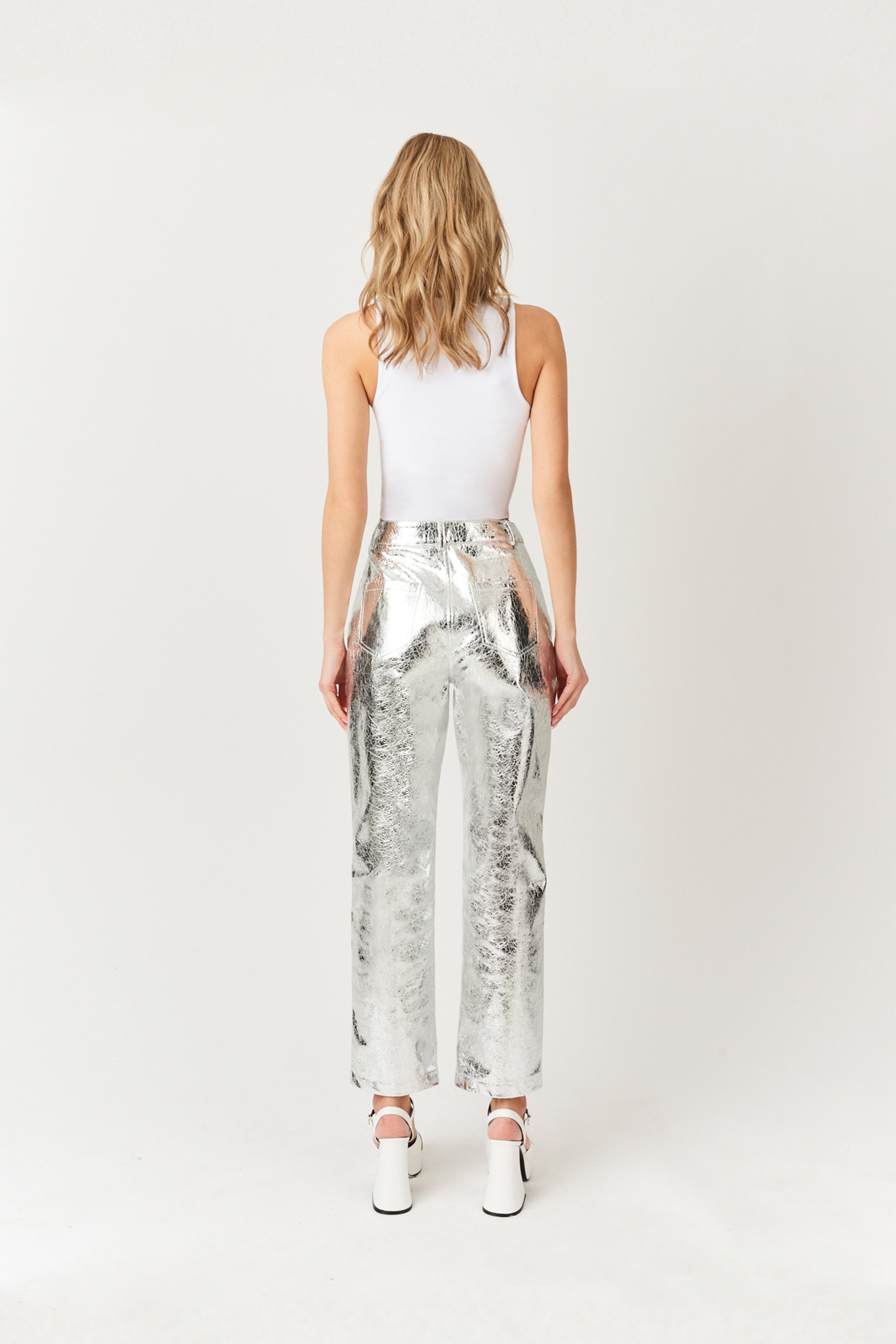 Lupe Shiny Silver Textured Metallic PU High Waisted Straight Leg Trousers