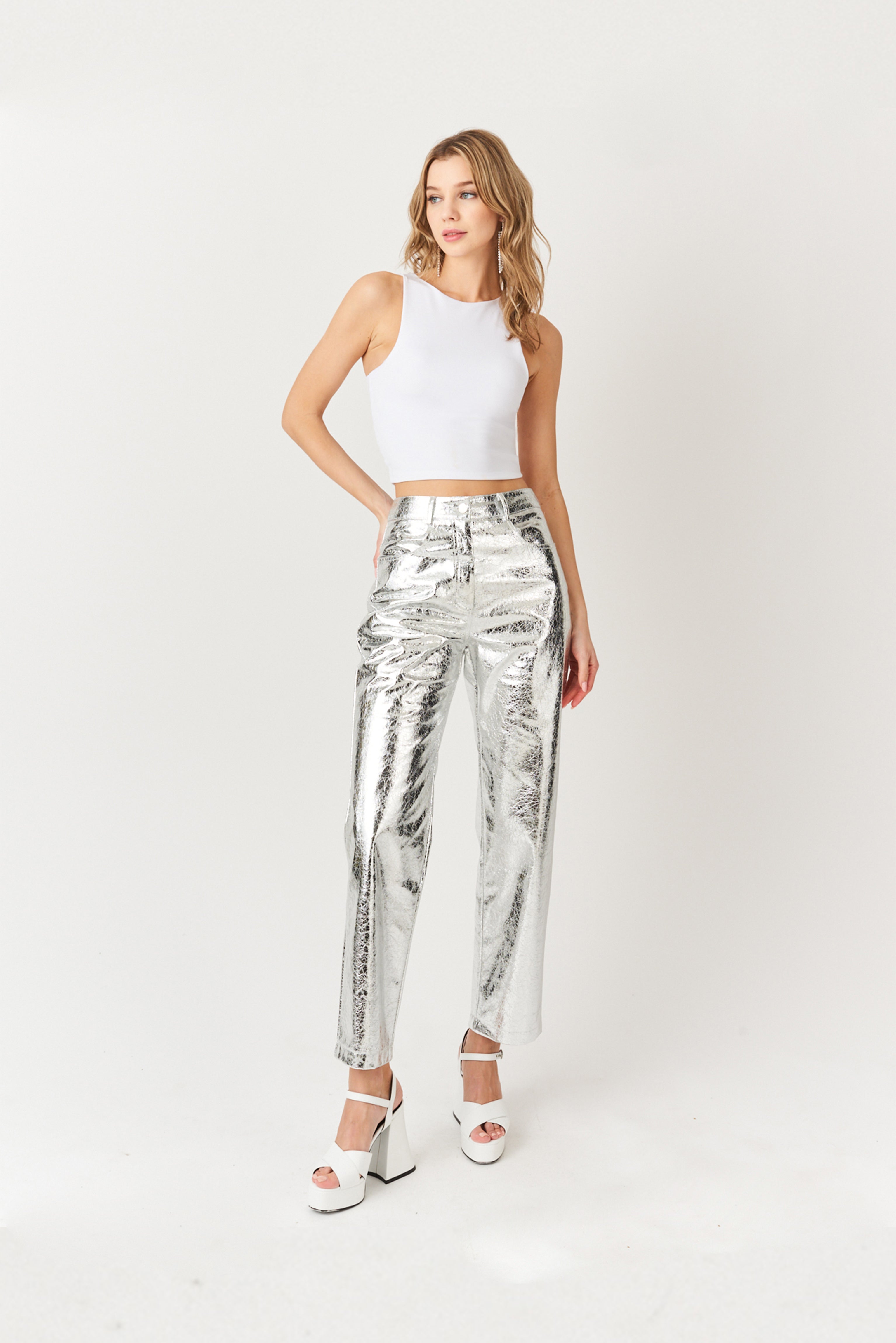 Lupe Shiny Silver Textured Metallic PU High Waisted Straight Leg Trousers