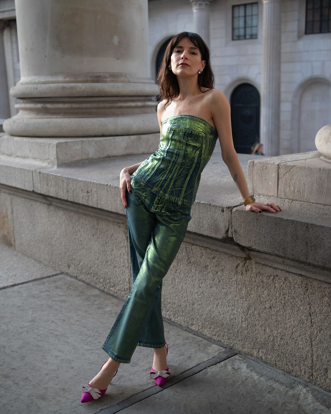 Lupe Green Denim Foil Coated Trousers