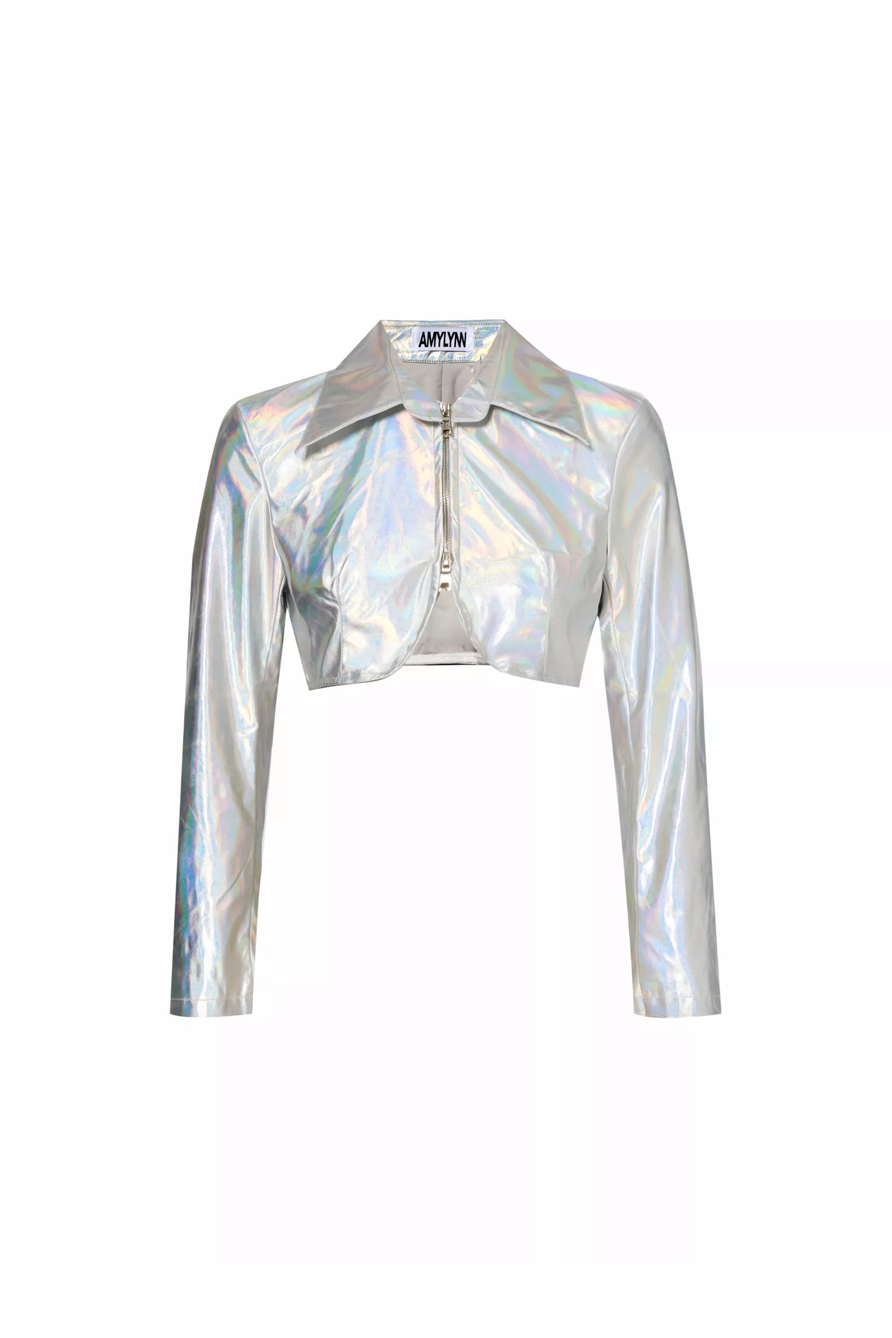 Space Holographic Zip Up Crop Jacket in Vegan Leather | AMYLYNN