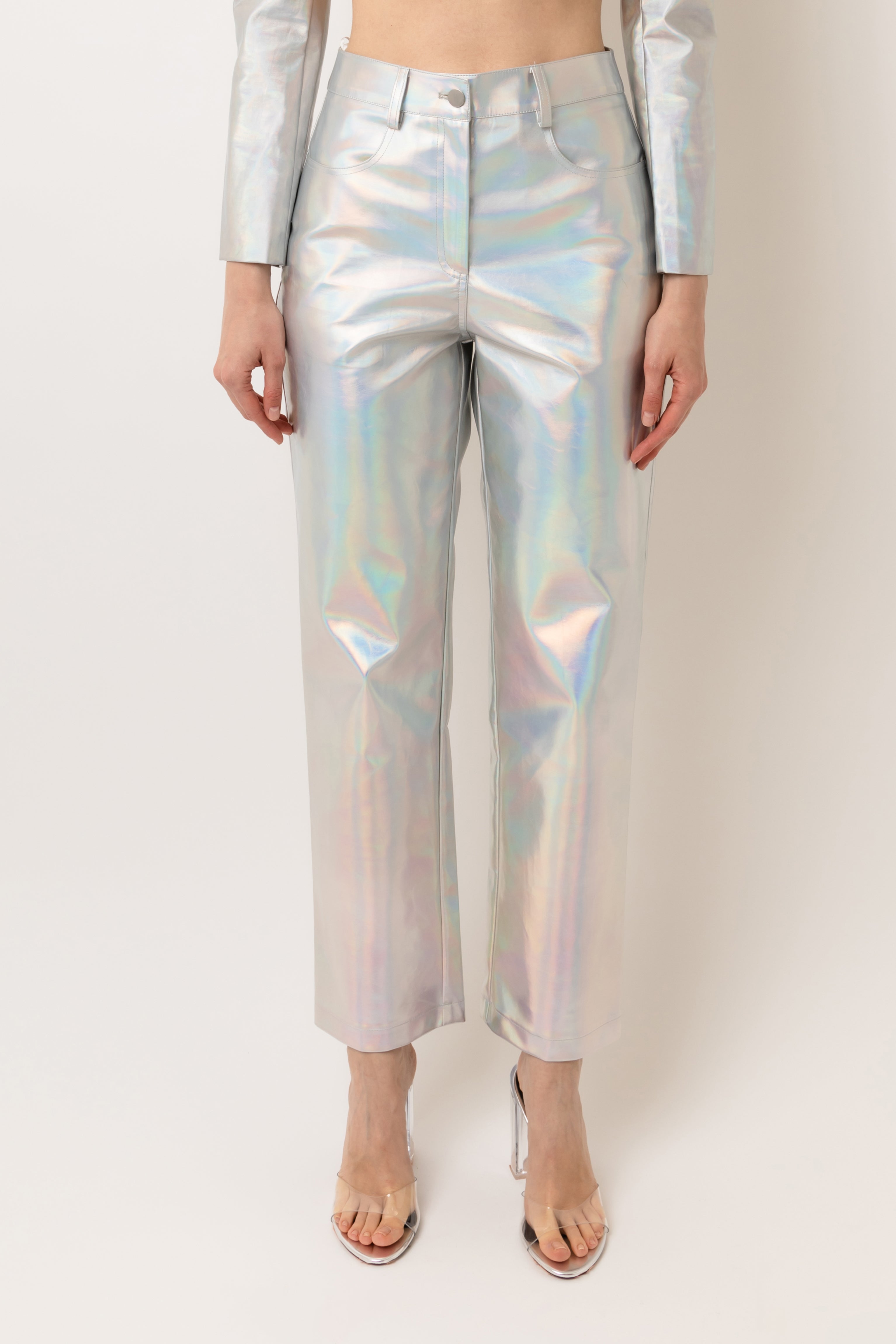 Space Holographic Metallic Vegan Leather Trousers | AMYLYNN
