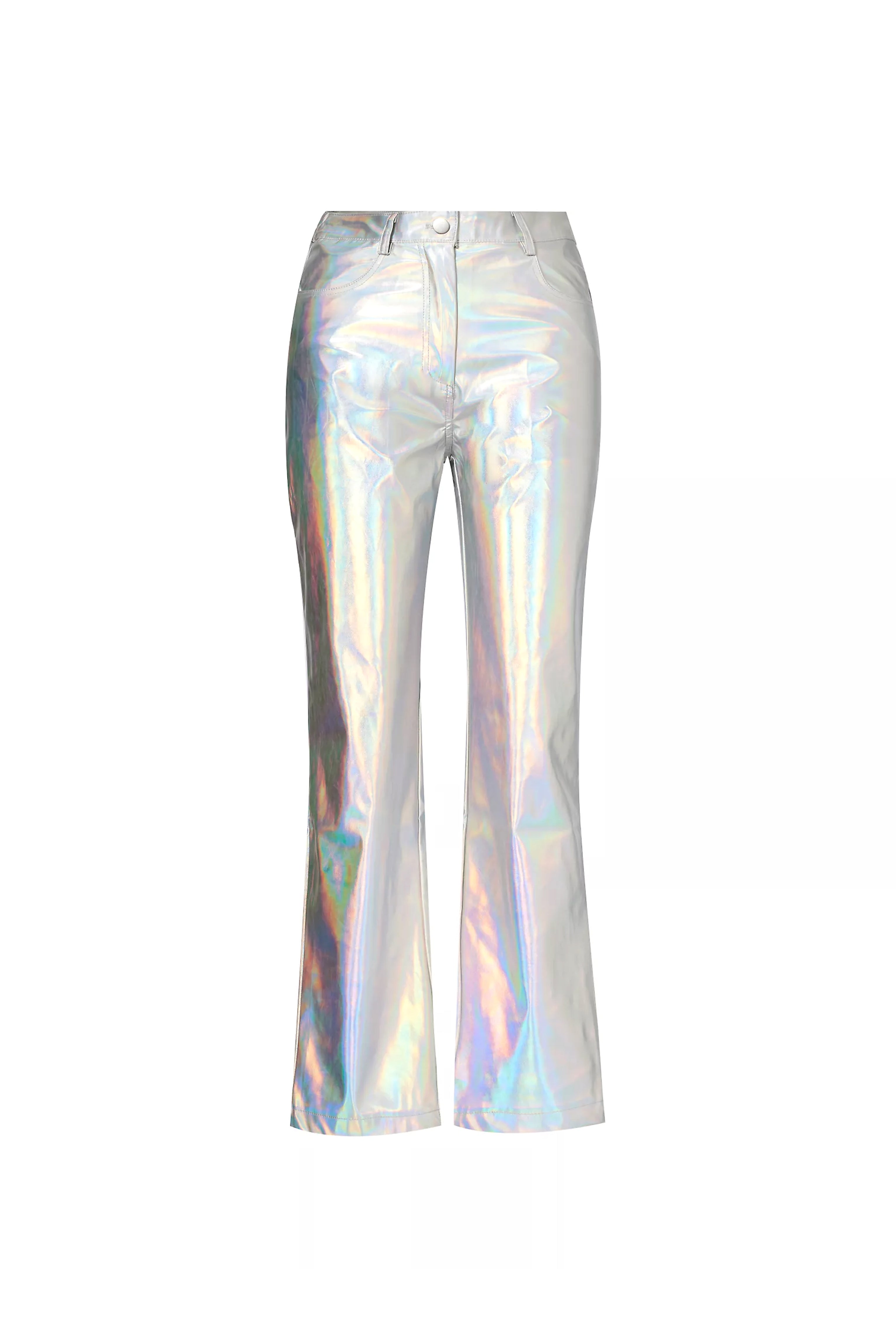 Space Holographic Metallic Vegan Leather Trousers | AMYLYNN