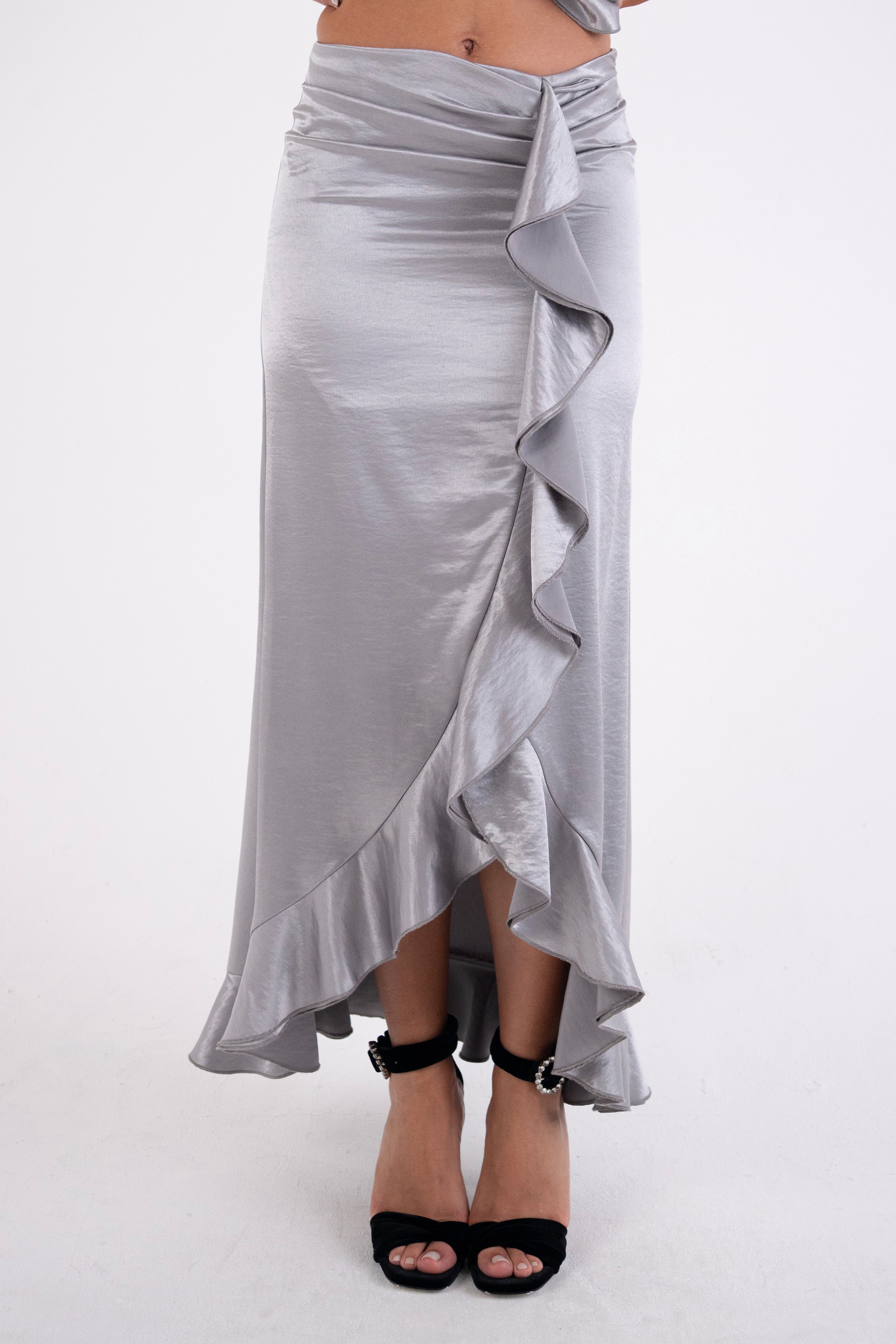 Susie Silver Satin Ruffle Maxi Skirt