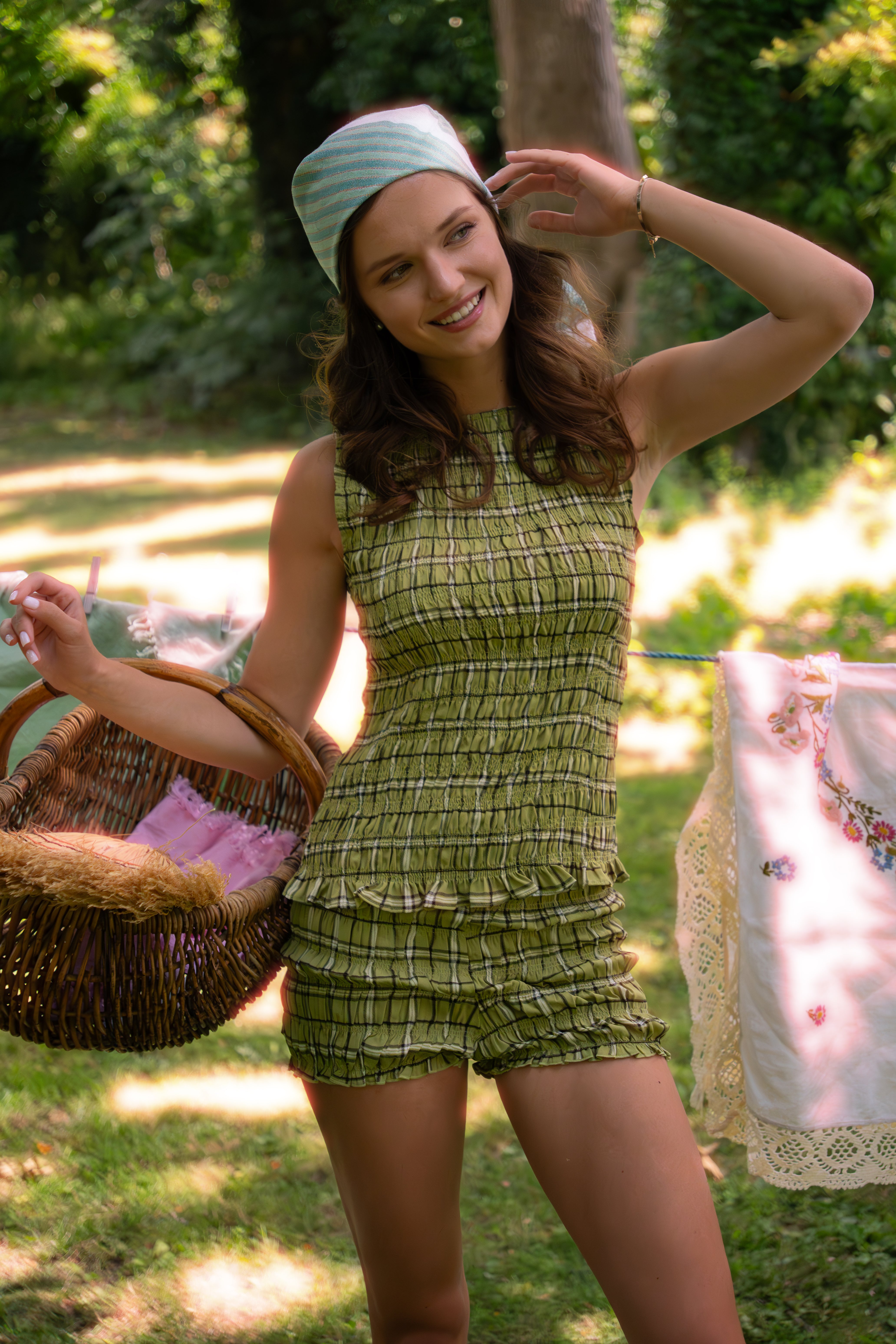 Cher Shirred Green Plaid Top