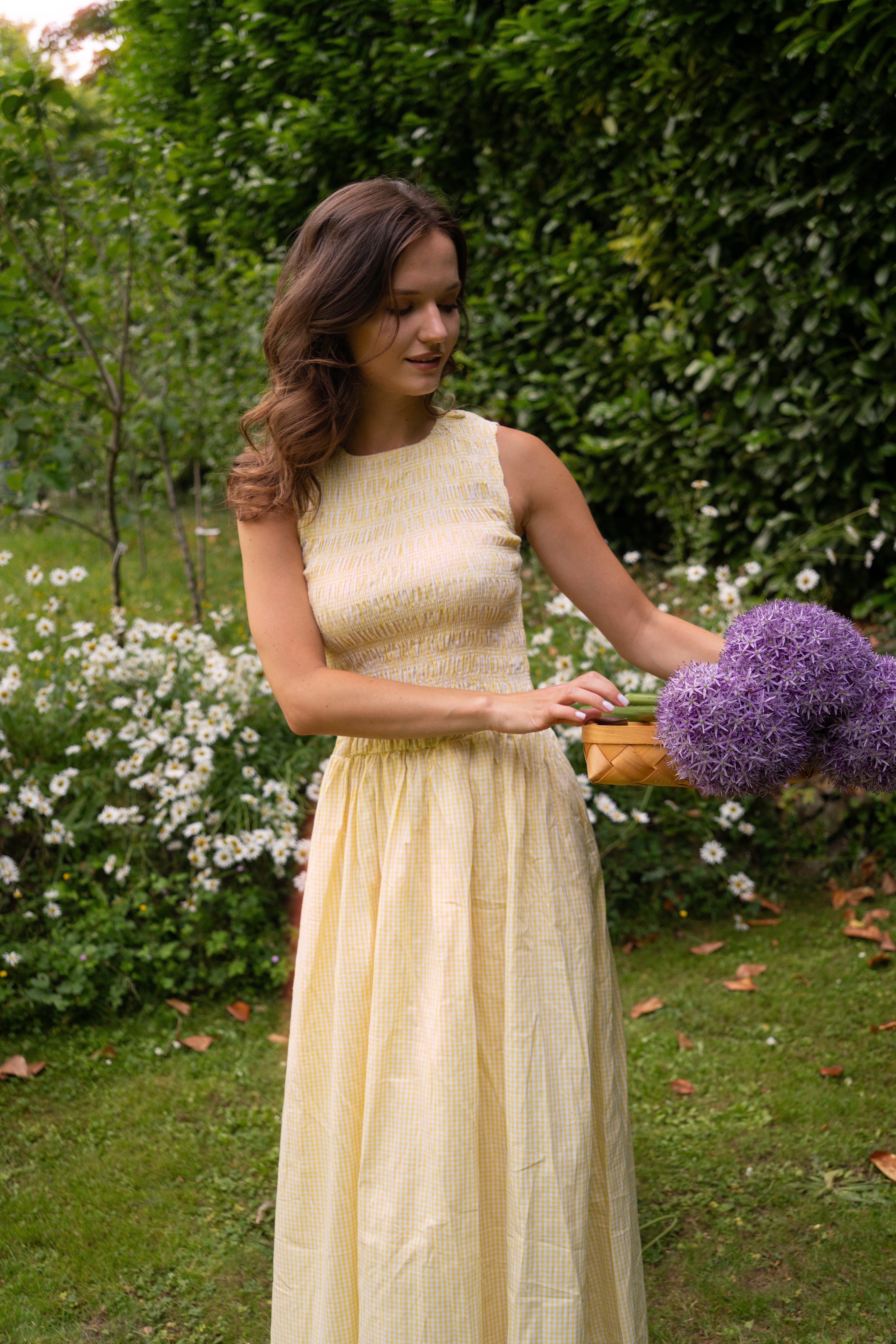 Summer Pure Cotton Yellow Gingham Drop-waist Maxi Dress