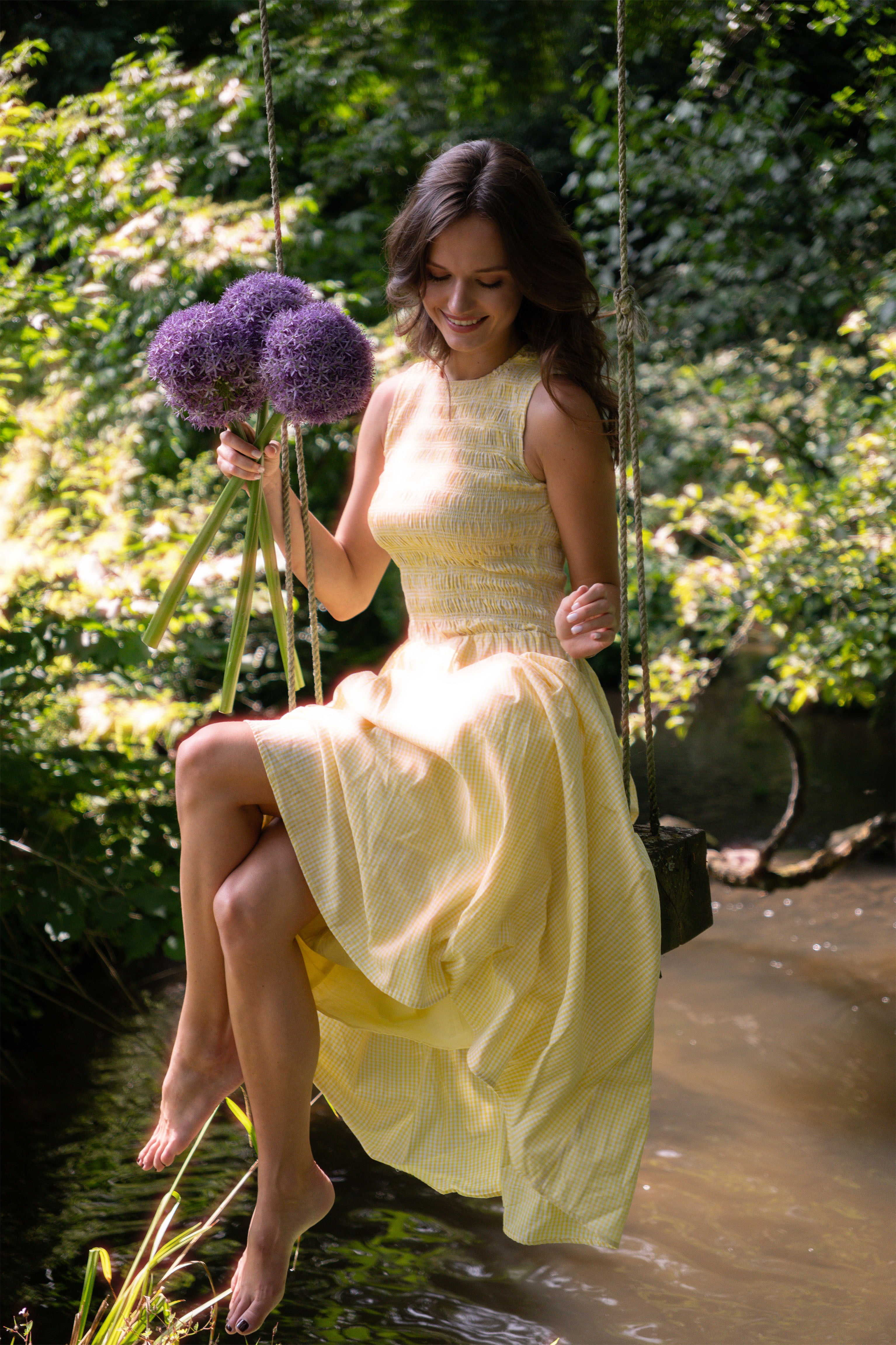 Summer Pure Cotton Yellow Gingham Drop-waist Maxi Dress