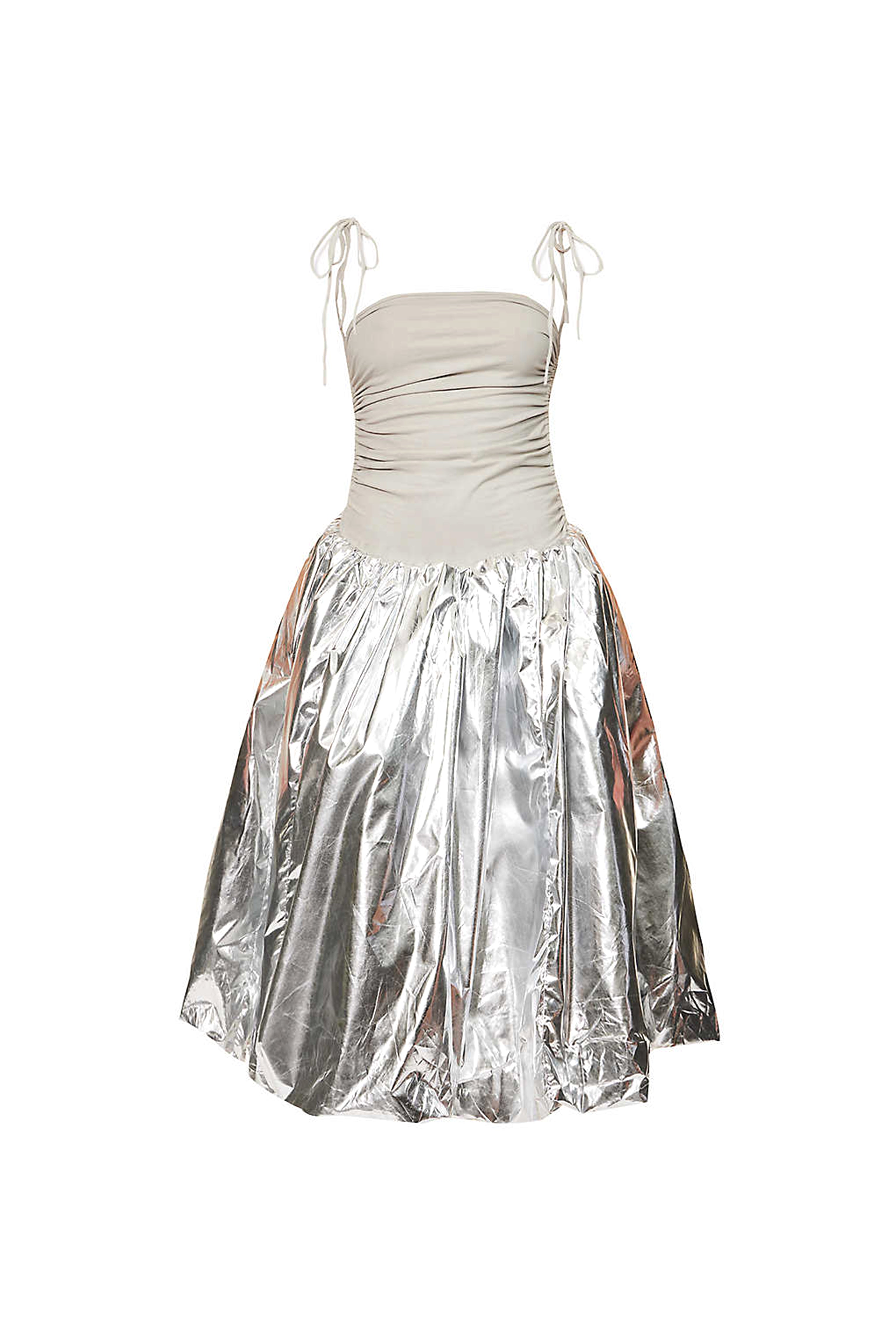 Alexa Silver Metallic Puffball Skirt Midi Dress