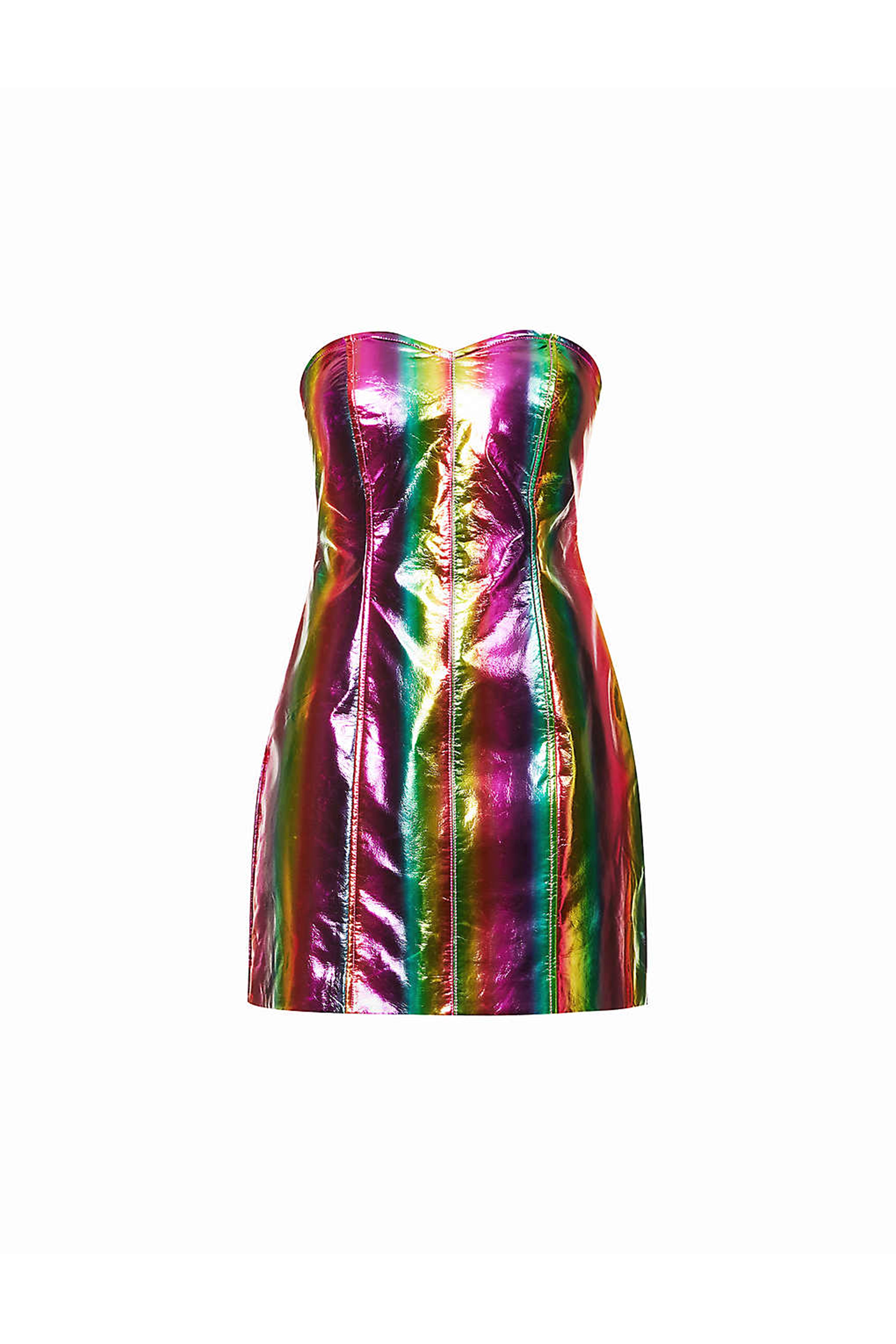 Rainbow Multi Stripe Print Shiny Metallic Strapless Bandeau Mini Dress