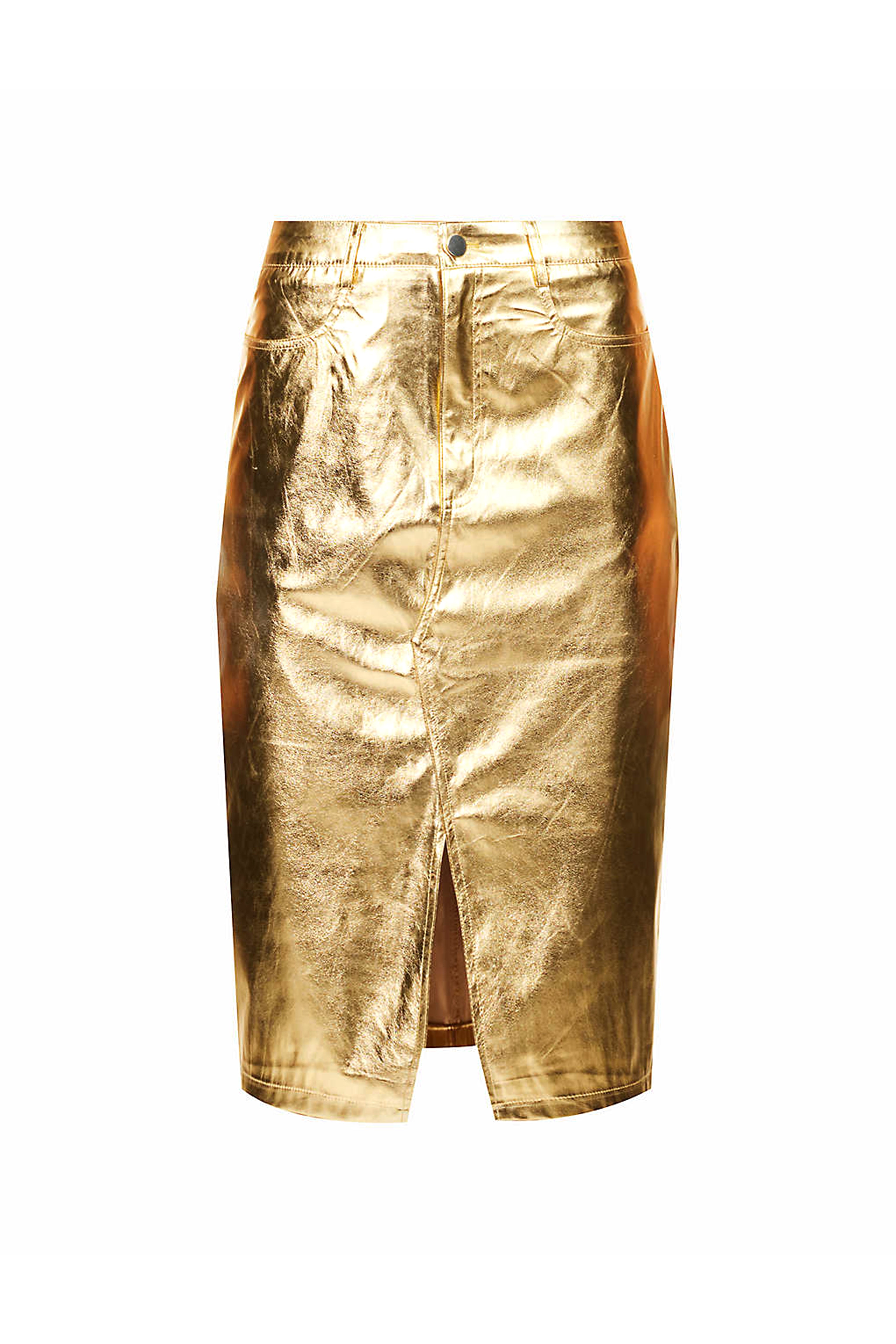 Lupe Shiny Gold High Waisted Metallic Faux Leather Pencil Midi Skirt