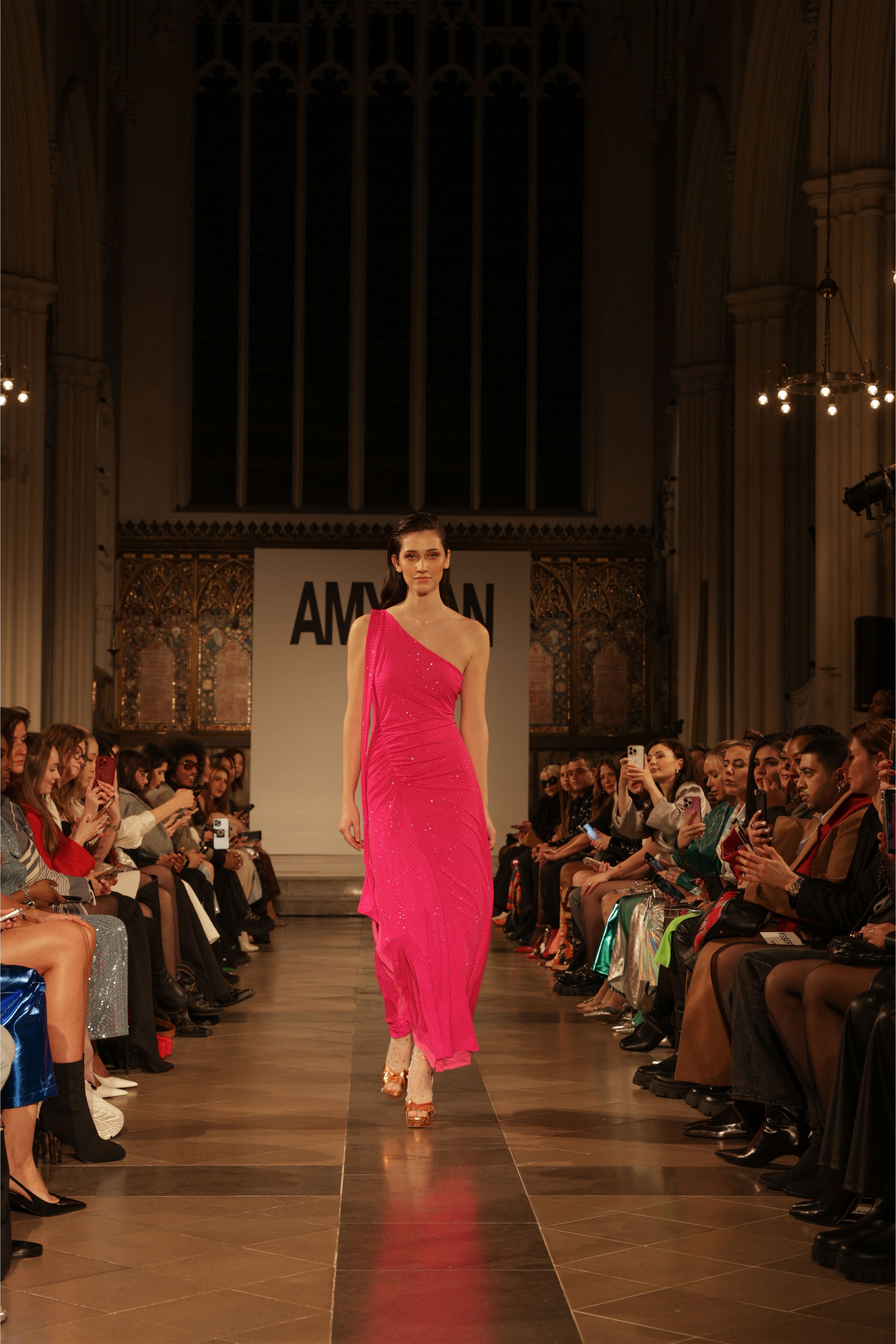 Stella Pink Asymmetrical Rhinestone Embellished Maxi Dress | AMYLYNN