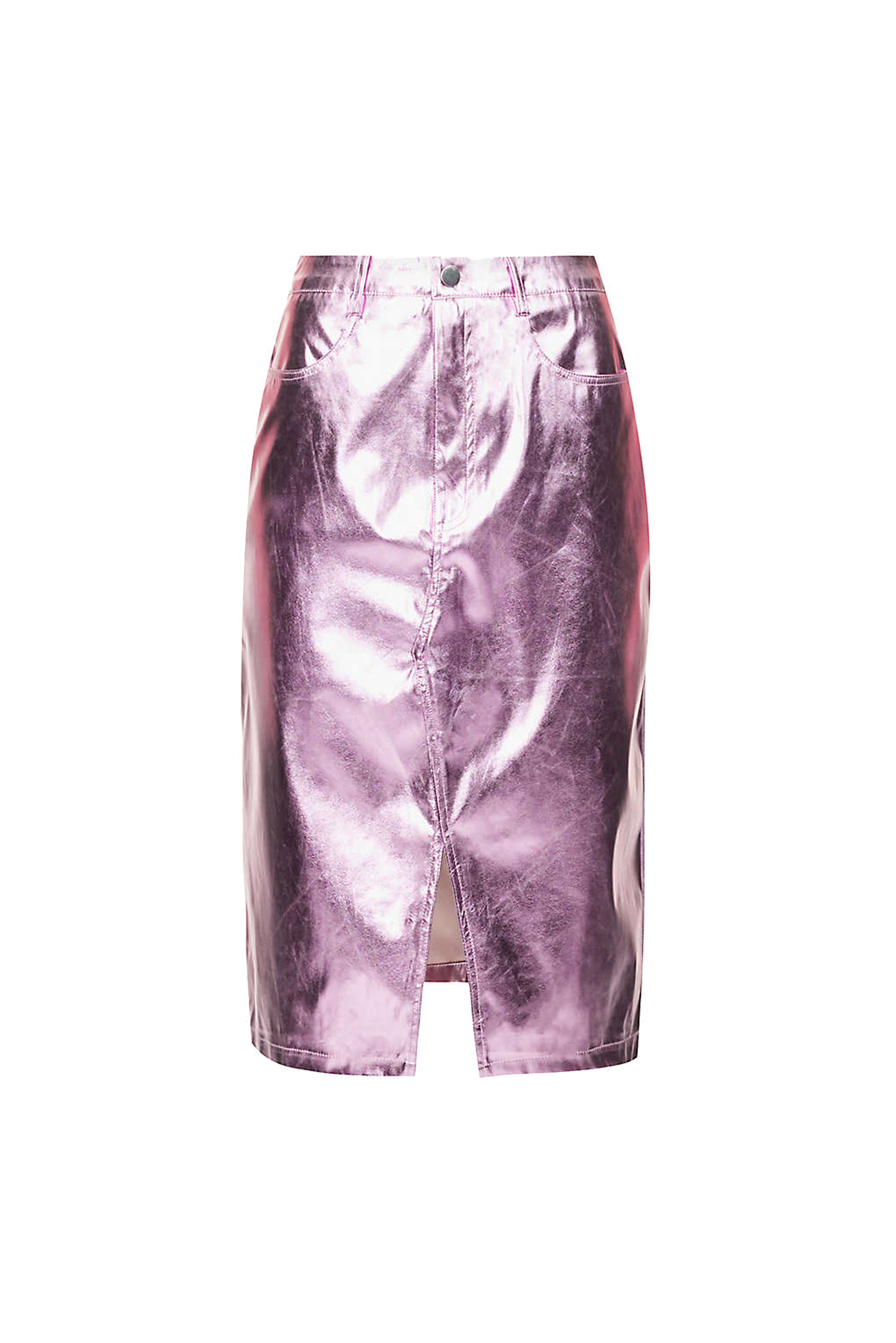 Lupe Shiny Ice Pink High Waisted Metallic Faux Leather Pencil Midi Skirt